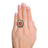 19k Yellow Gold Emerald Diamond & Rubellite Tourmaline Mughal Inspired Ring