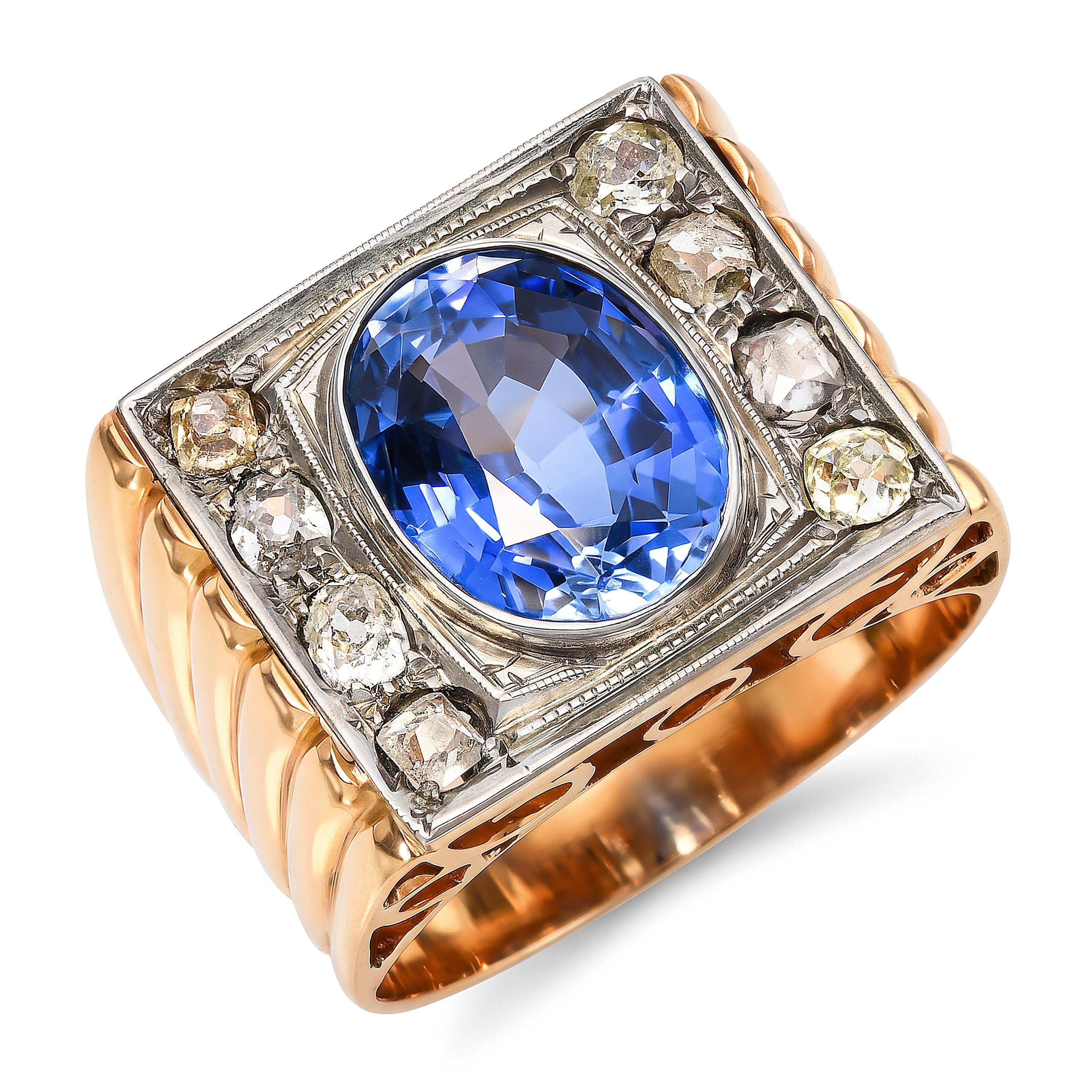 Antique 17k Yellow Gold Victorian 4.34ct Syn Sapphire & Rose Cut Diamond Ring