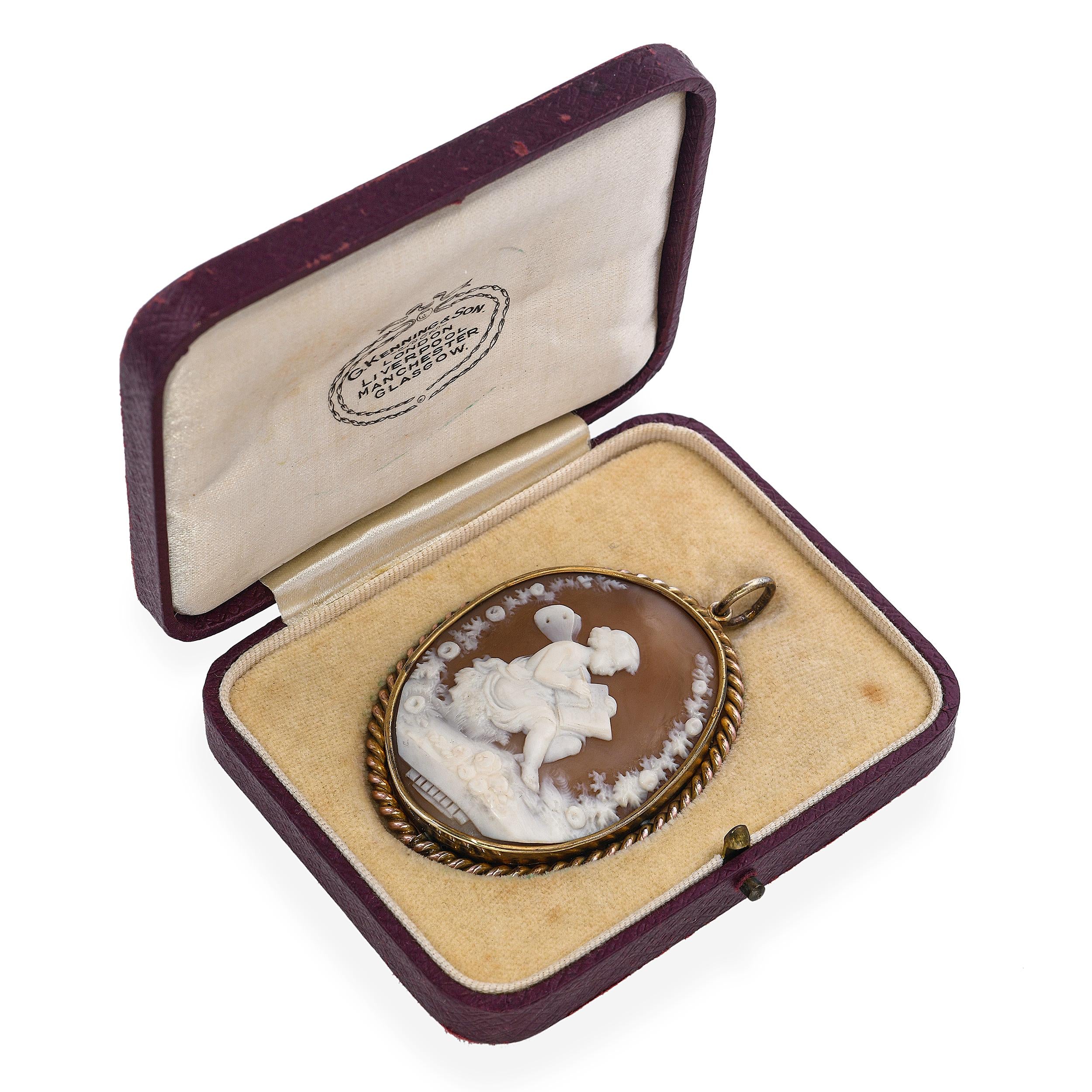 Antique Young Psyche Writing a Book Shell Cameo Brooch