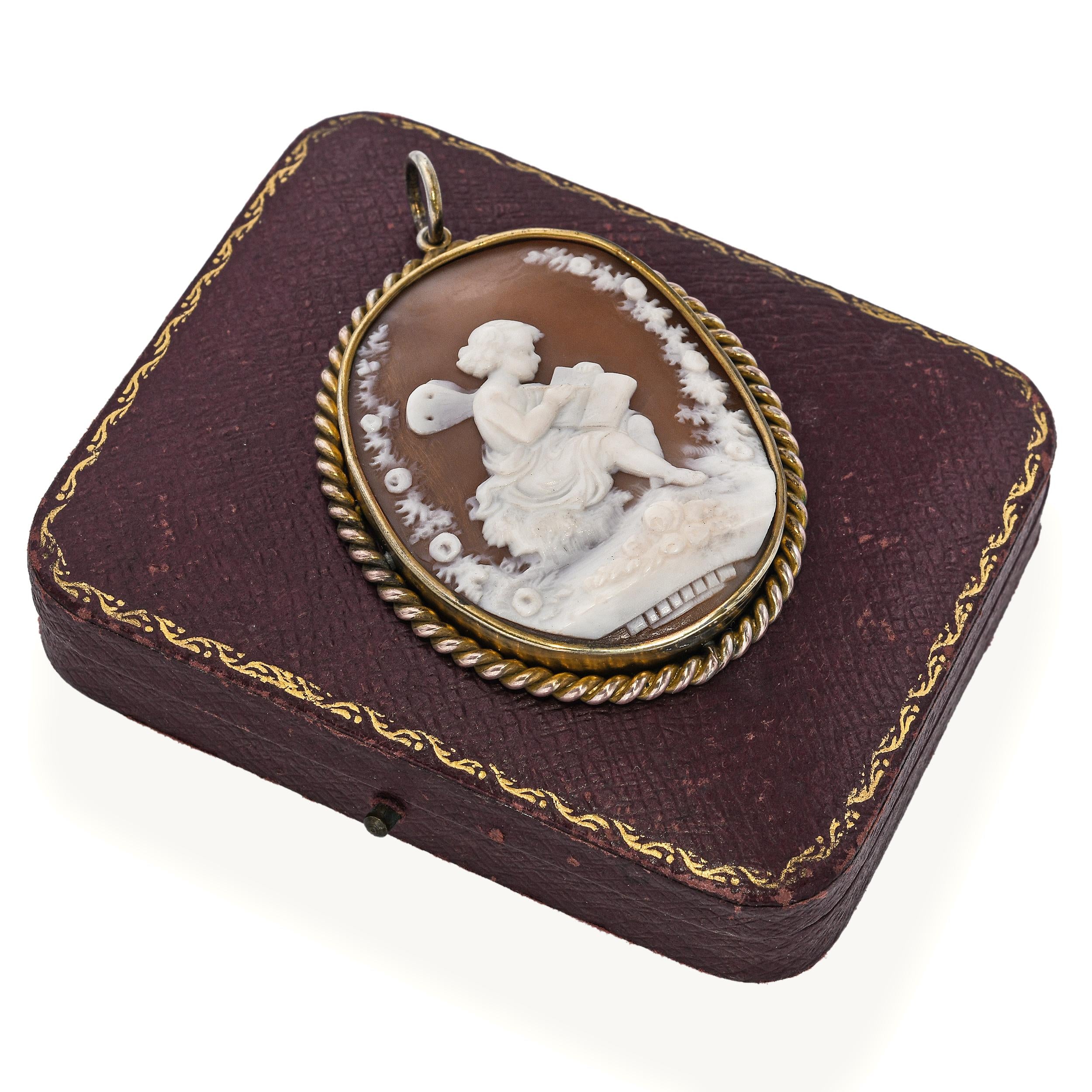 Antique Young Psyche Writing a Book Shell Cameo Brooch