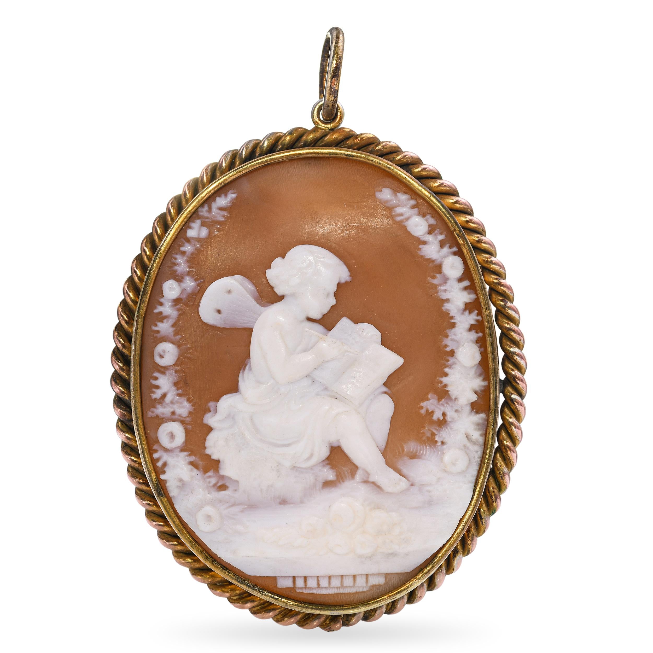 Antique Young Psyche Writing a Book Shell Cameo Brooch
