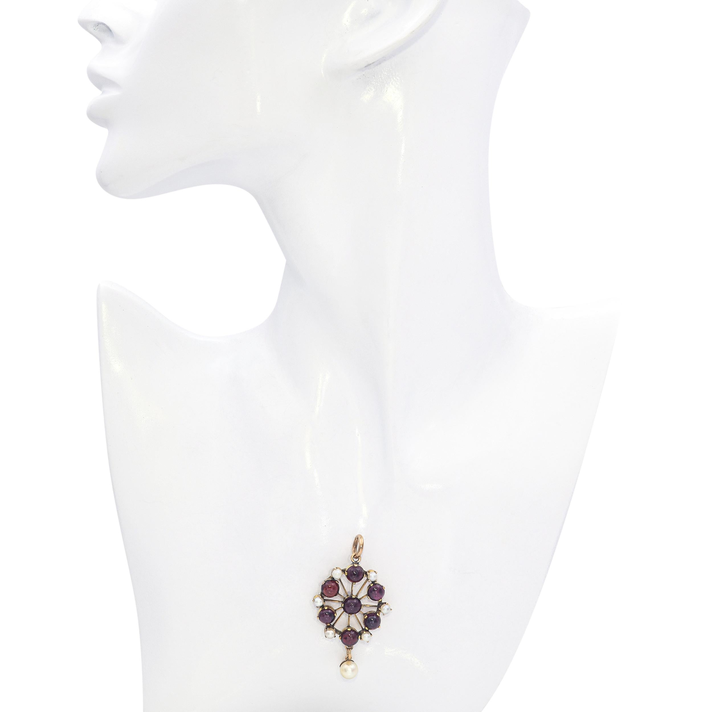 Antique 10k Yellow Gold Garnet and Pearl Pendant