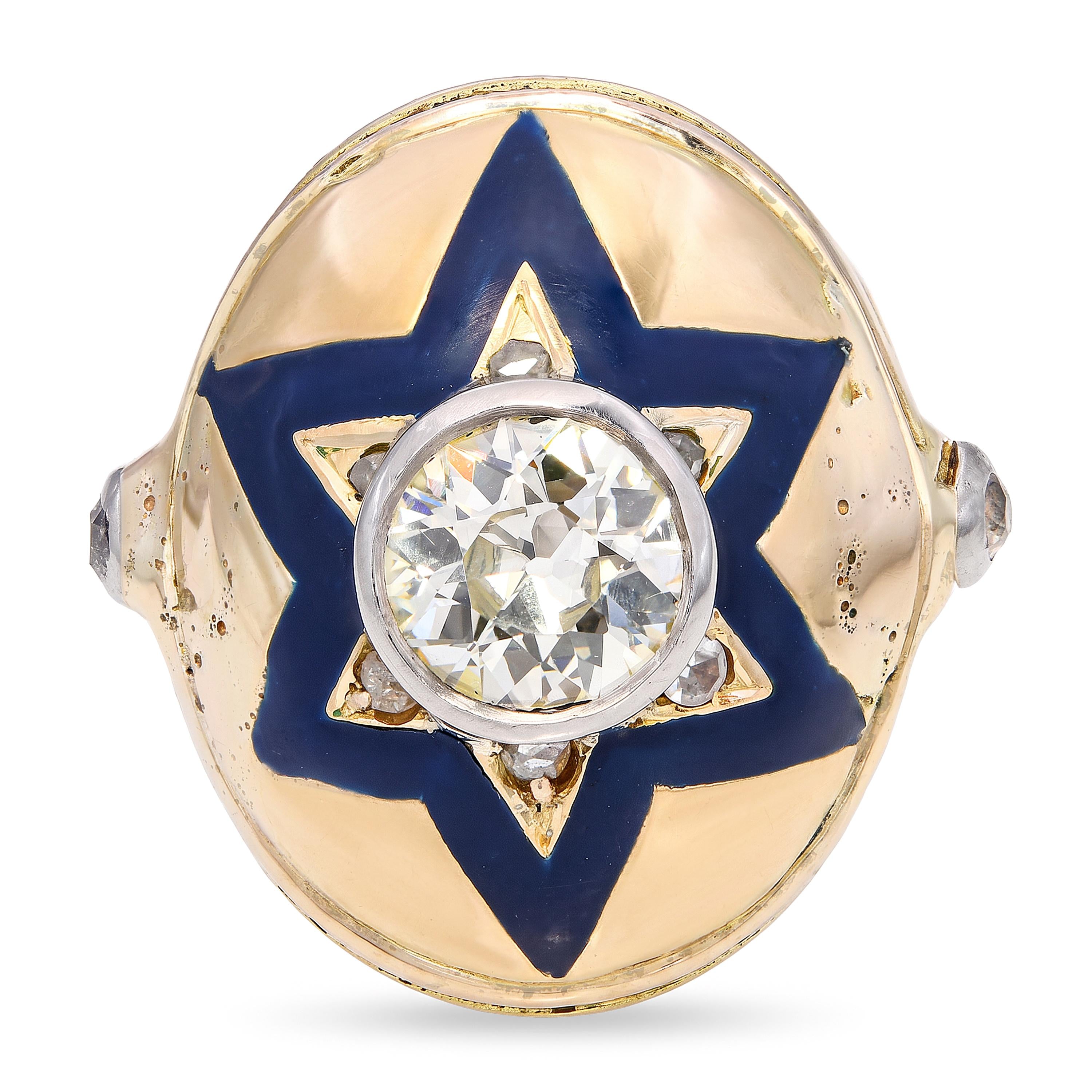 Victorian 14k Yellow Gold Blue Enamel Star and Old European Diamond Ring
