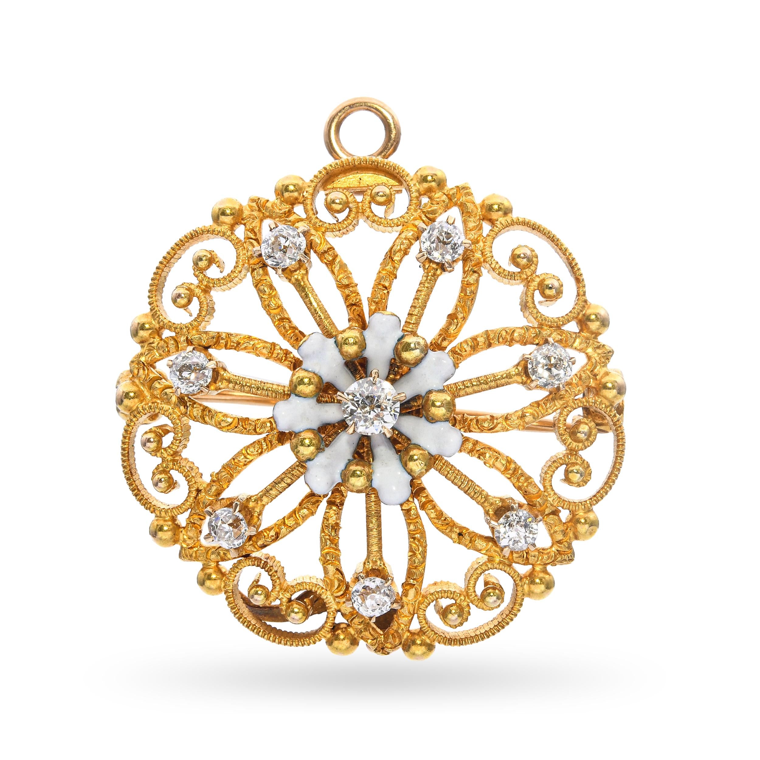 Antique 18k Yellow Gold Old Euro Cut Diamond Enamel Floral Brooch
