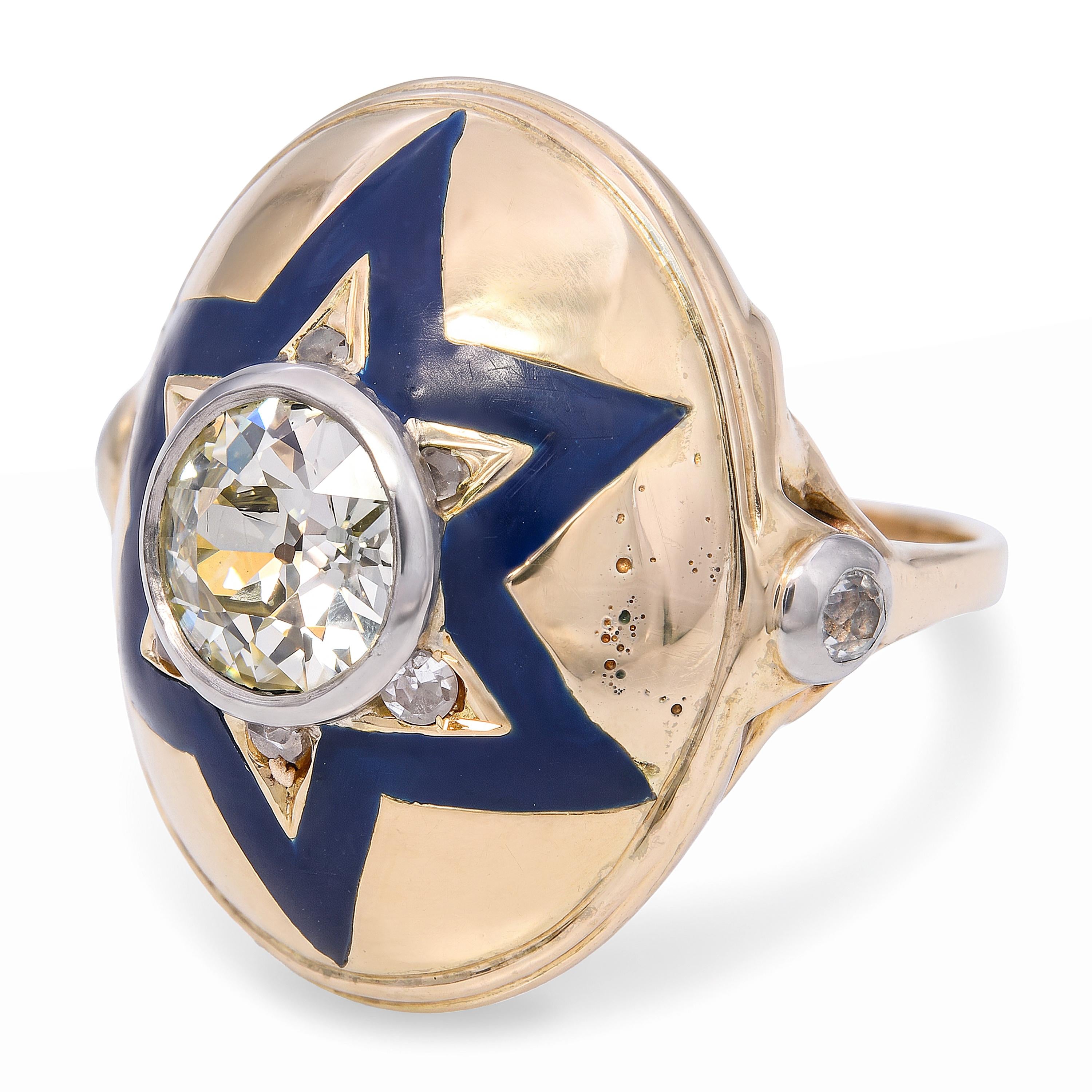Victorian 14k Yellow Gold Blue Enamel Star and Old European Diamond Ring