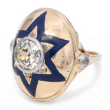 Victorian 14k Yellow Gold Blue Enamel Star and Old European Diamond Ring