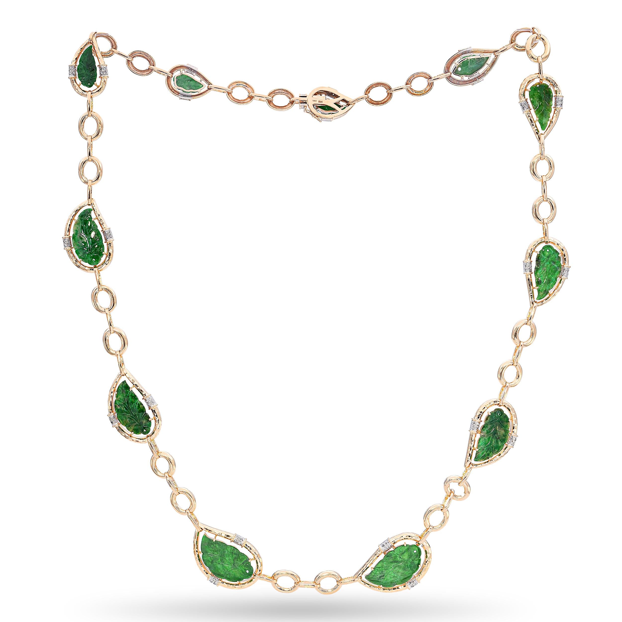 Vintage 14k Yellow Gold Diamond and Carved Jadeite Jade Leaf Link Necklace