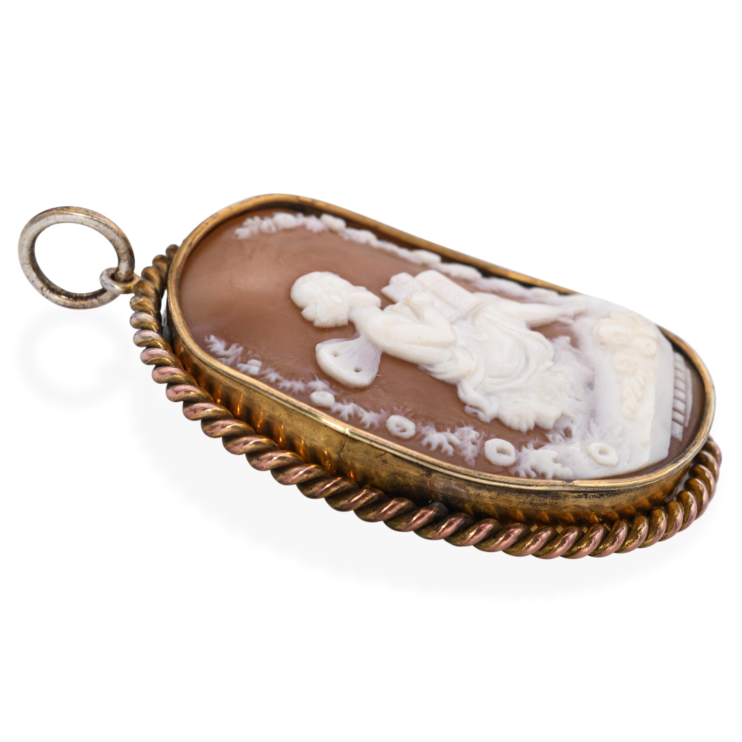 Antique Young Psyche Writing a Book Shell Cameo Brooch