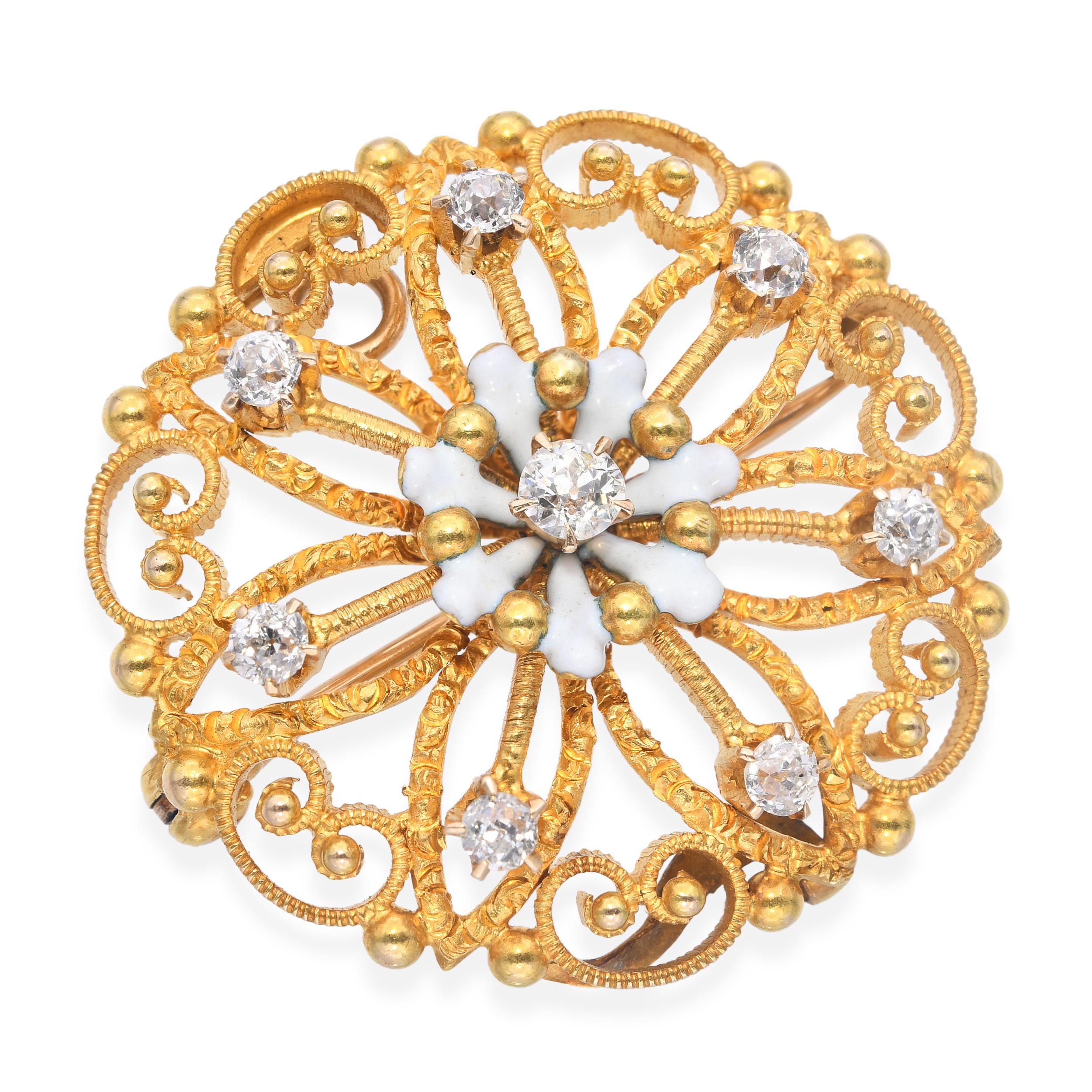 Antique 18k Yellow Gold Old Euro Cut Diamond Enamel Floral Brooch