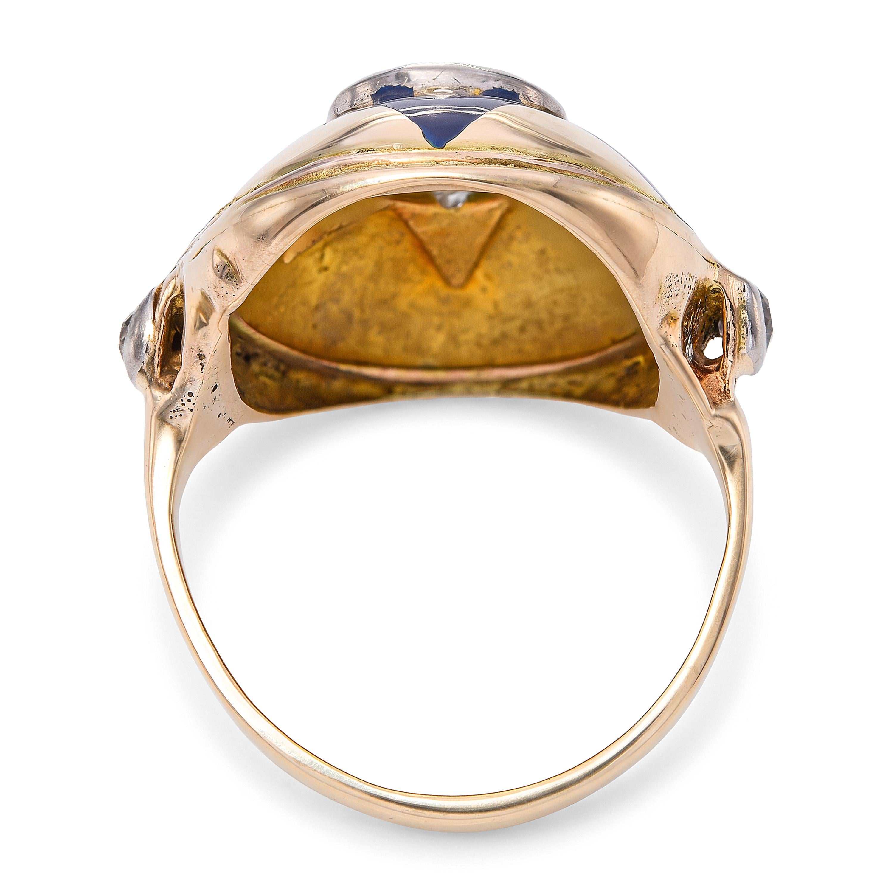 Victorian 14k Yellow Gold Blue Enamel Star and Old European Diamond Ring