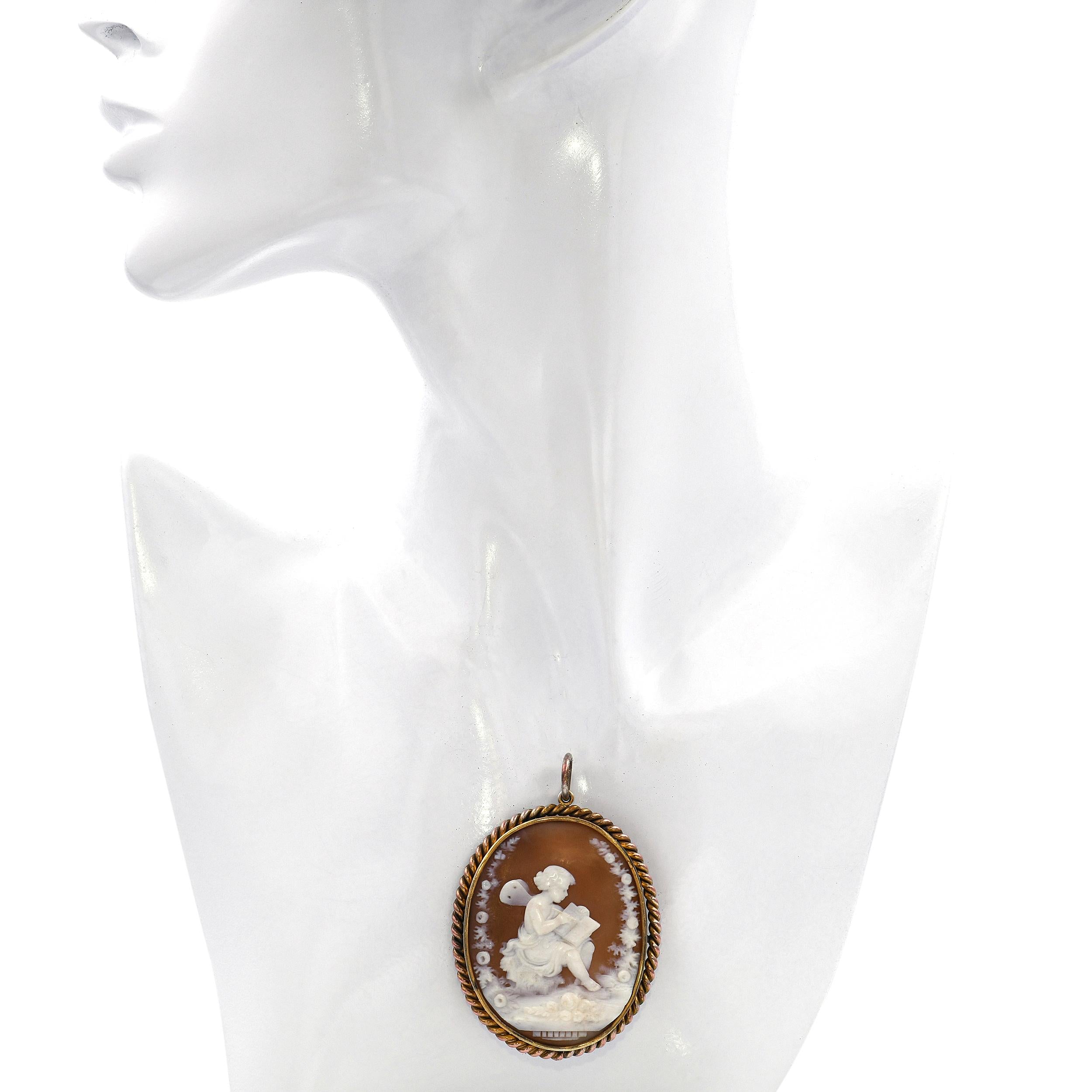 Antique Young Psyche Writing a Book Shell Cameo Brooch