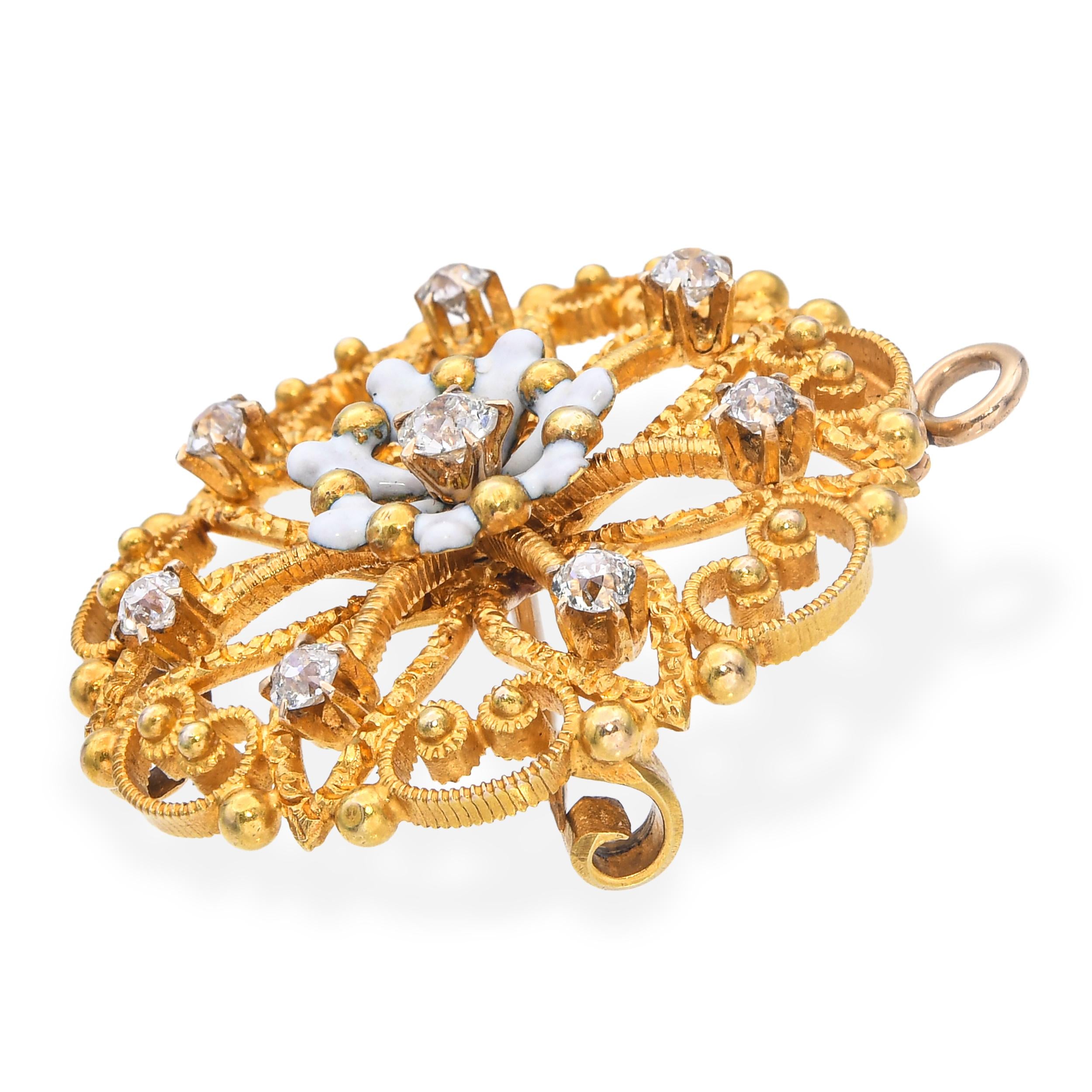 Antique 18k Yellow Gold Old Euro Cut Diamond Enamel Floral Brooch