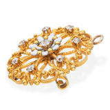 Antique 18k Yellow Gold Old Euro Cut Diamond Enamel Floral Brooch