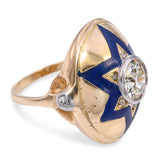 Victorian 14k Yellow Gold Blue Enamel Star and Old European Diamond Ring