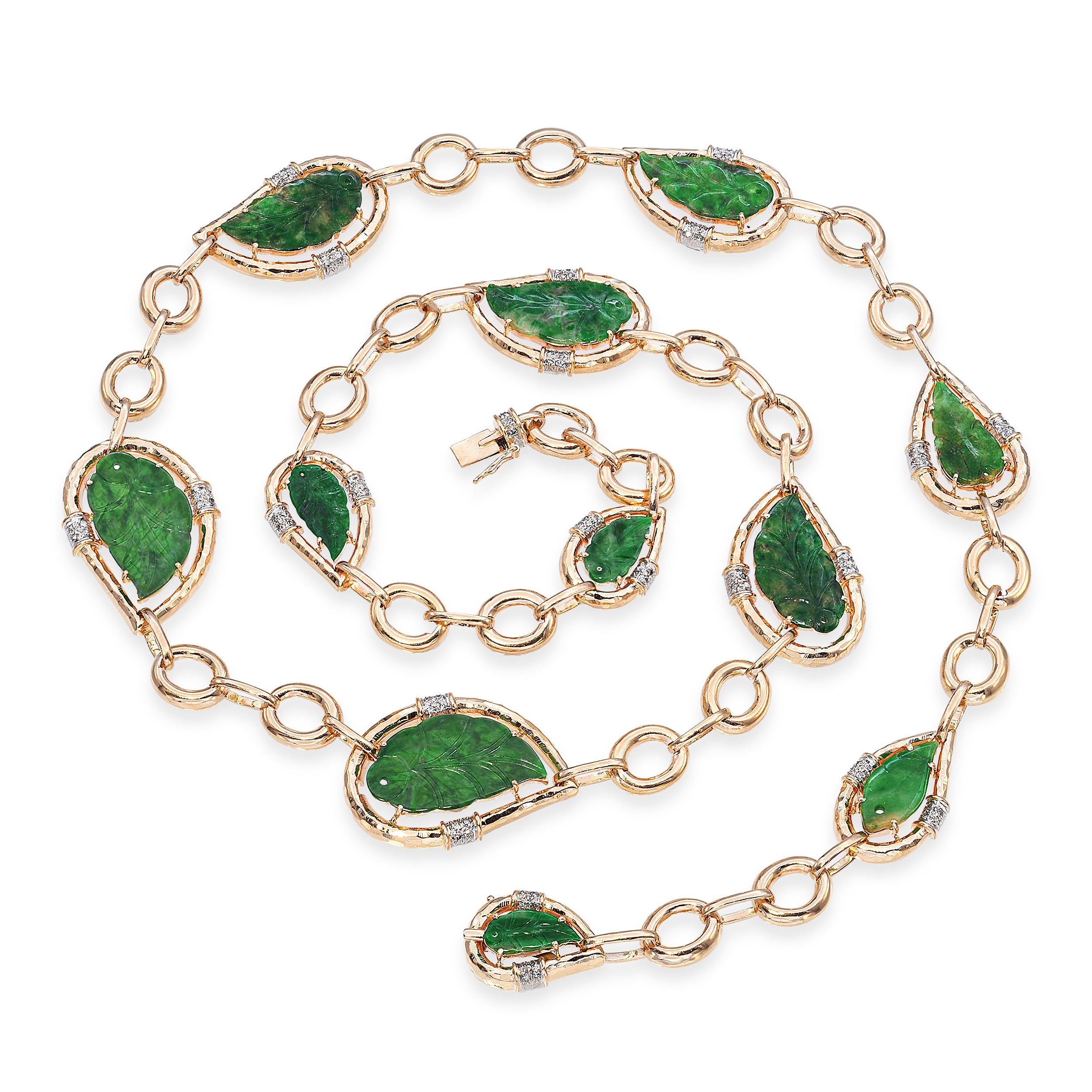 Vintage 14k Yellow Gold Diamond and Carved Jadeite Jade Leaf Link Necklace