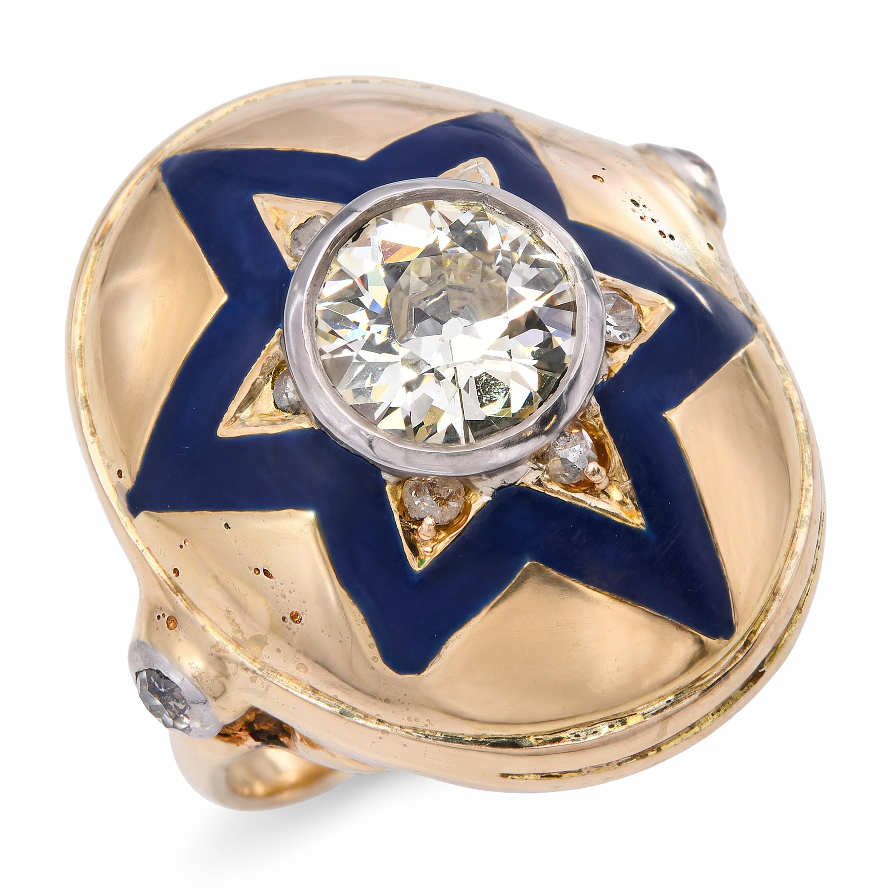 Victorian 14k Yellow Gold Blue Enamel Star and Old European Diamond Ring