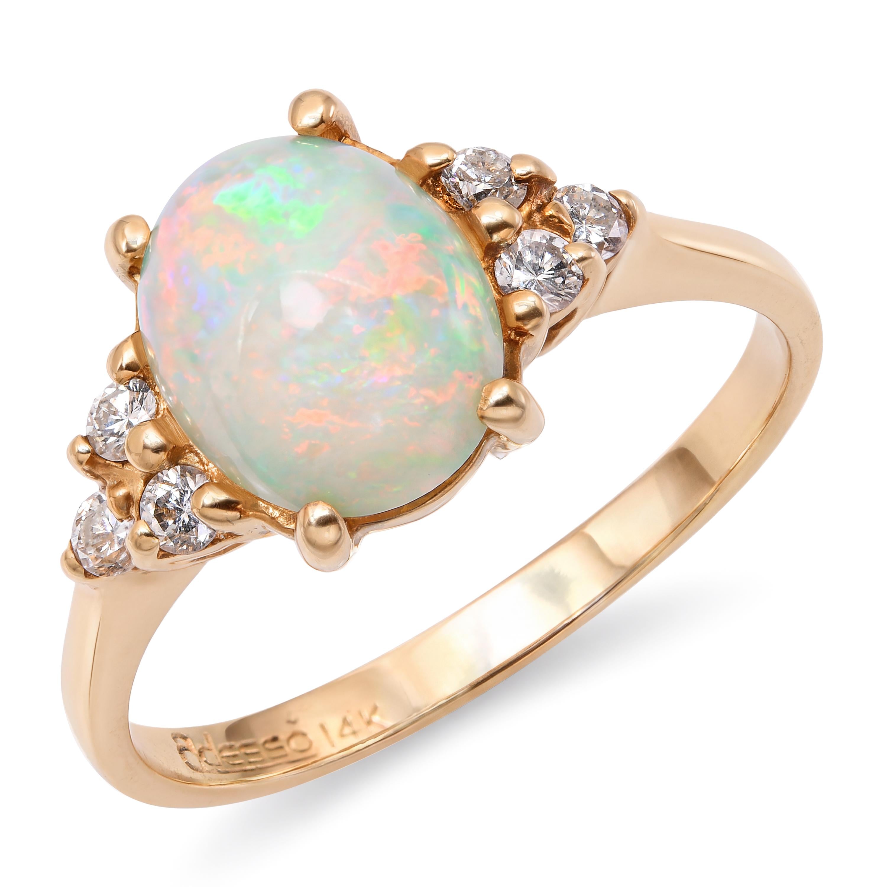Vintage 14k Yellow Gold Opal and Diamond Ring