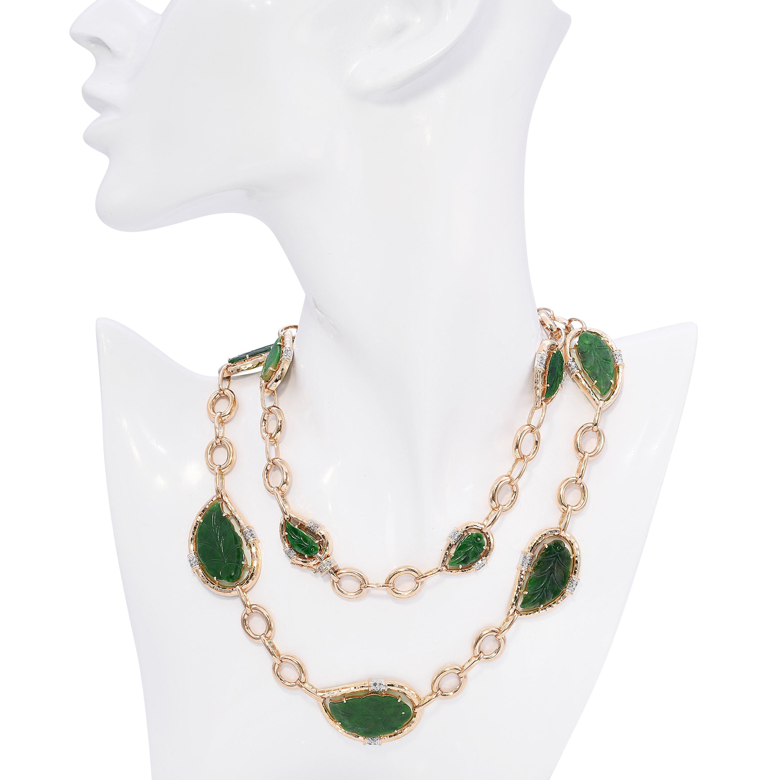 Vintage 14k Yellow Gold Diamond and Carved Jadeite Jade Leaf Link Necklace