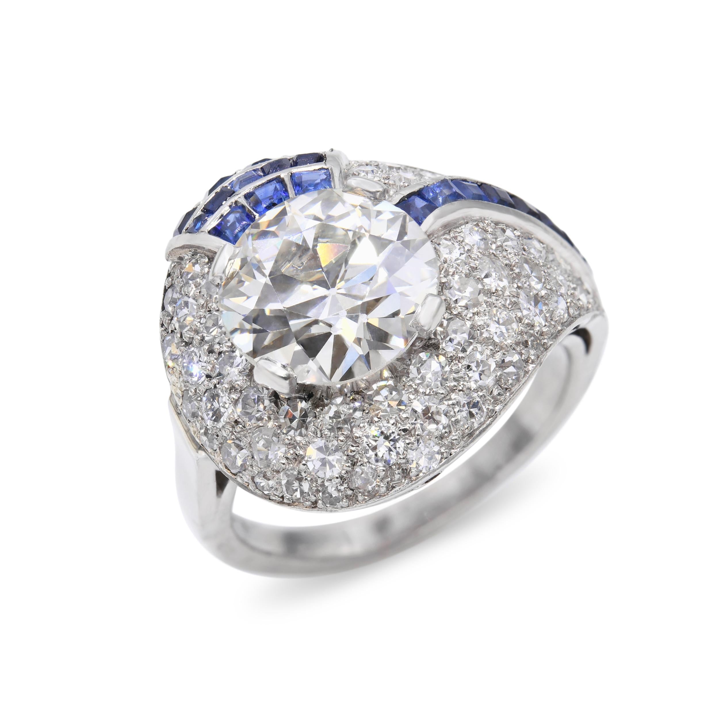 Art Deco Platinum 2.68ct VS1 Diamond and Sapphire Cocktail Ring GIA