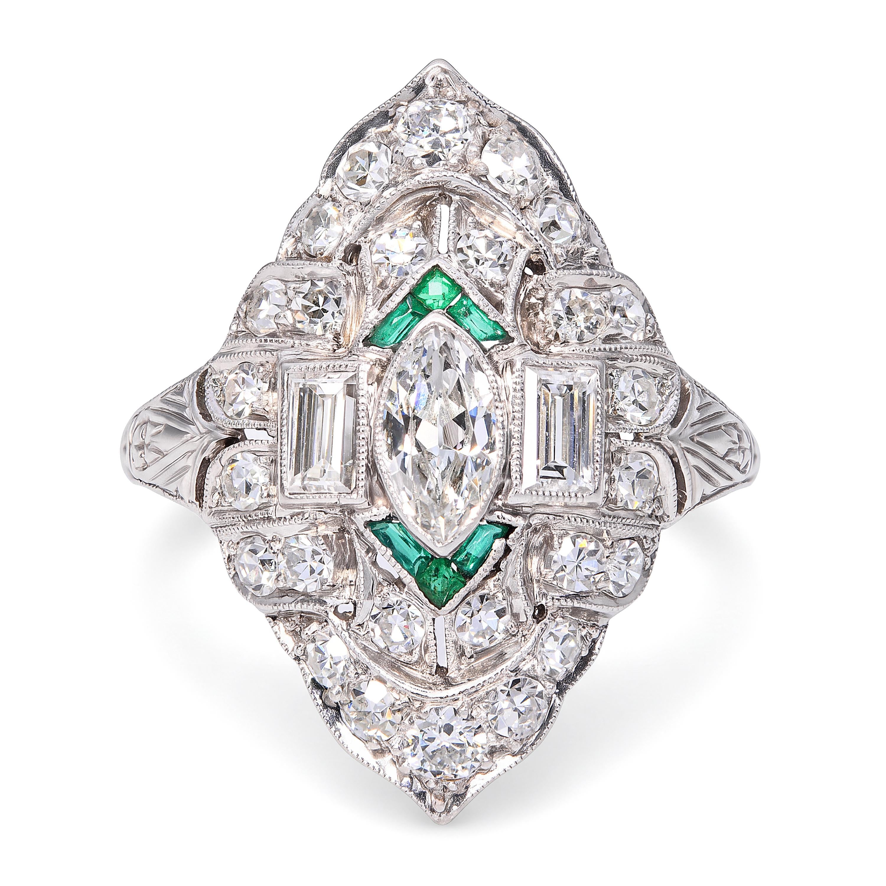Art Deco Platinum Diamond and Emerald Accent Milgrain Ring