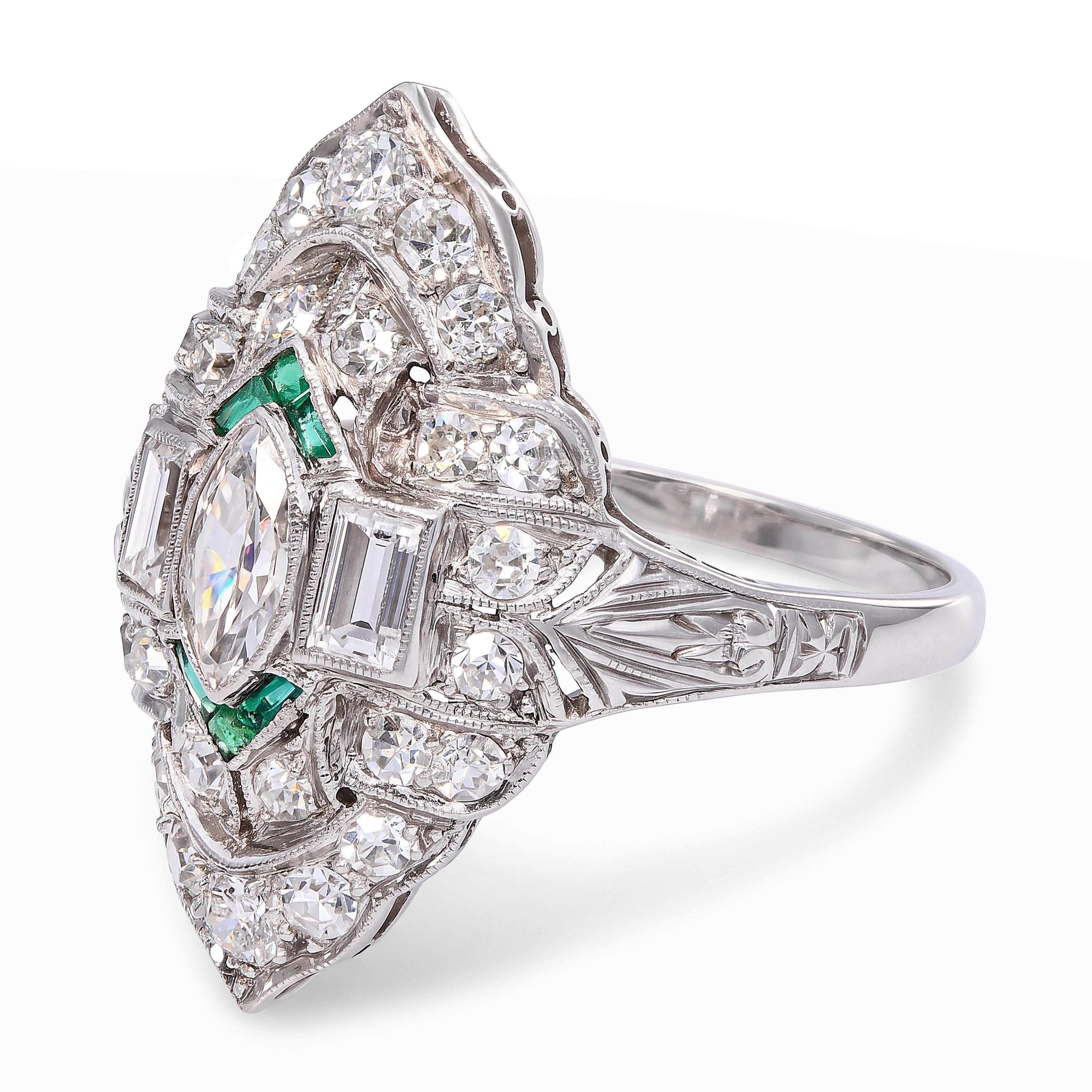 Art Deco Platinum Diamond and Emerald Accent Milgrain Ring