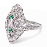 Art Deco Platinum Diamond and Emerald Accent Milgrain Ring