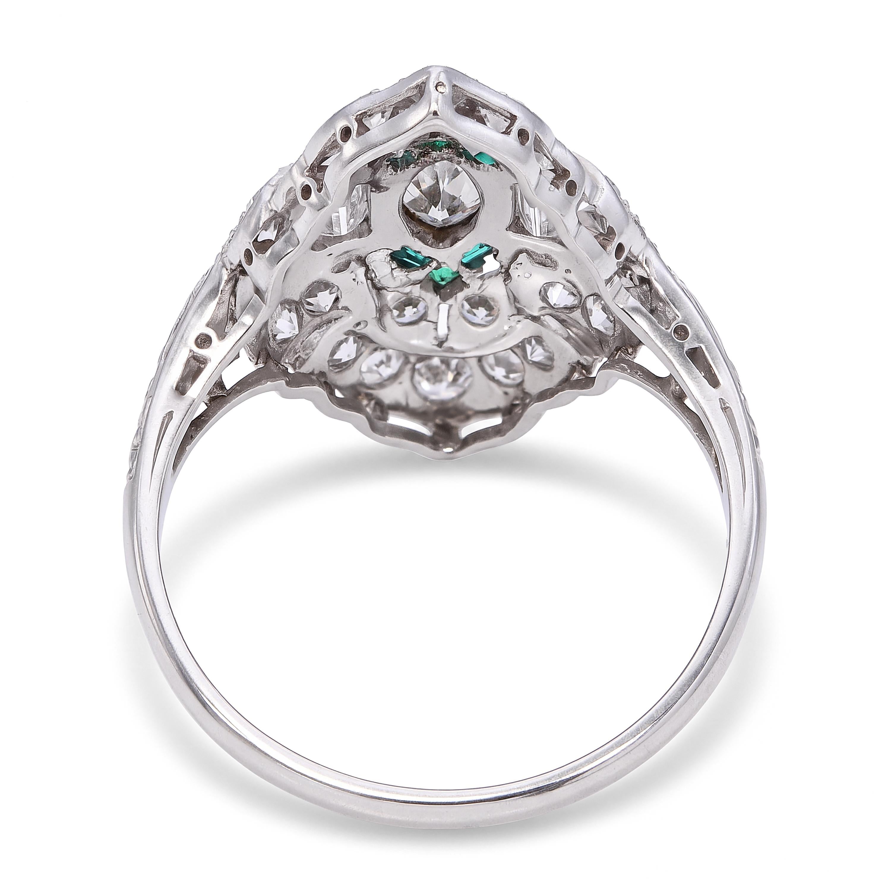 Art Deco Platinum Diamond and Emerald Accent Milgrain Ring
