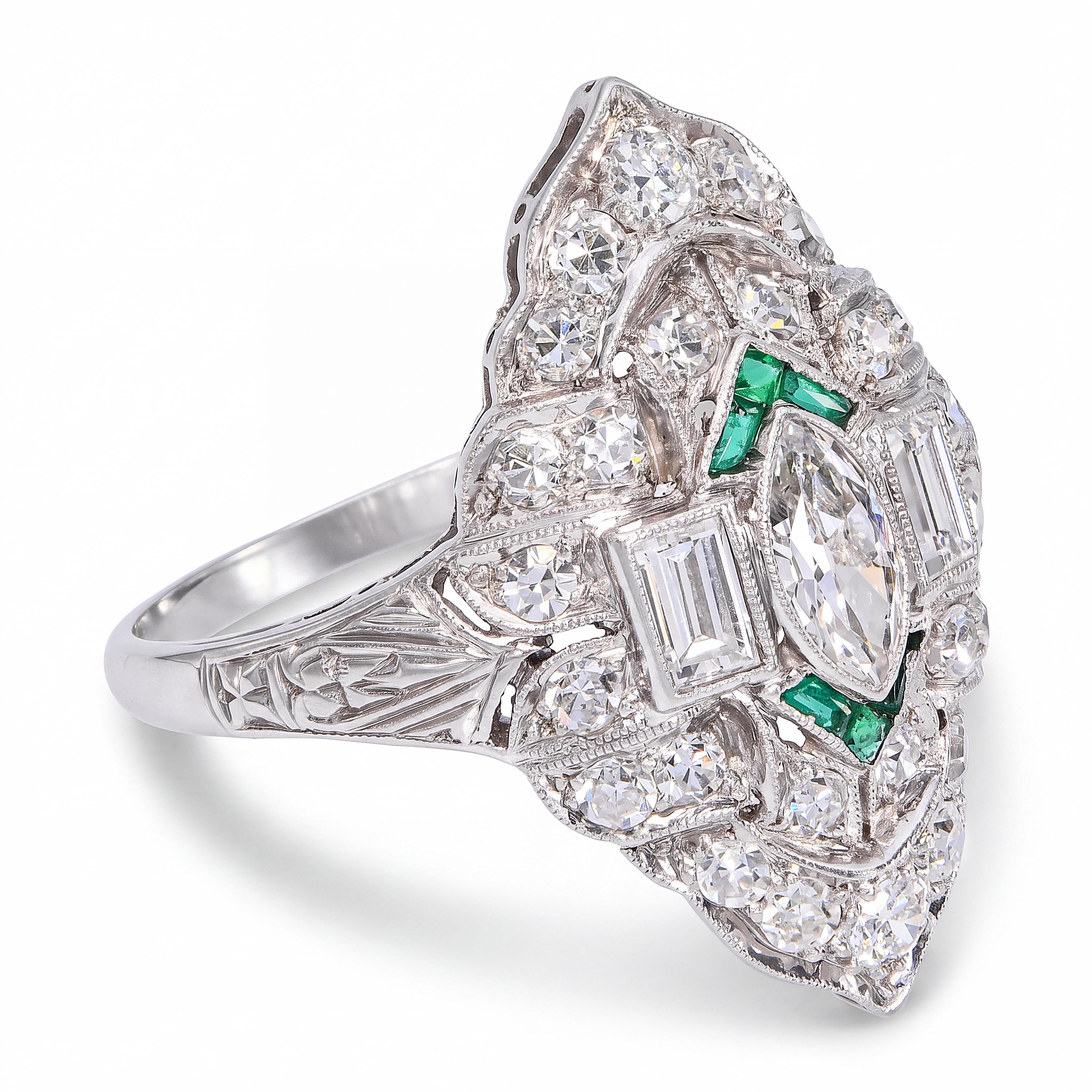 Art Deco Platinum Diamond and Emerald Accent Milgrain Ring