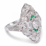 Art Deco Platinum Diamond and Emerald Accent Milgrain Ring