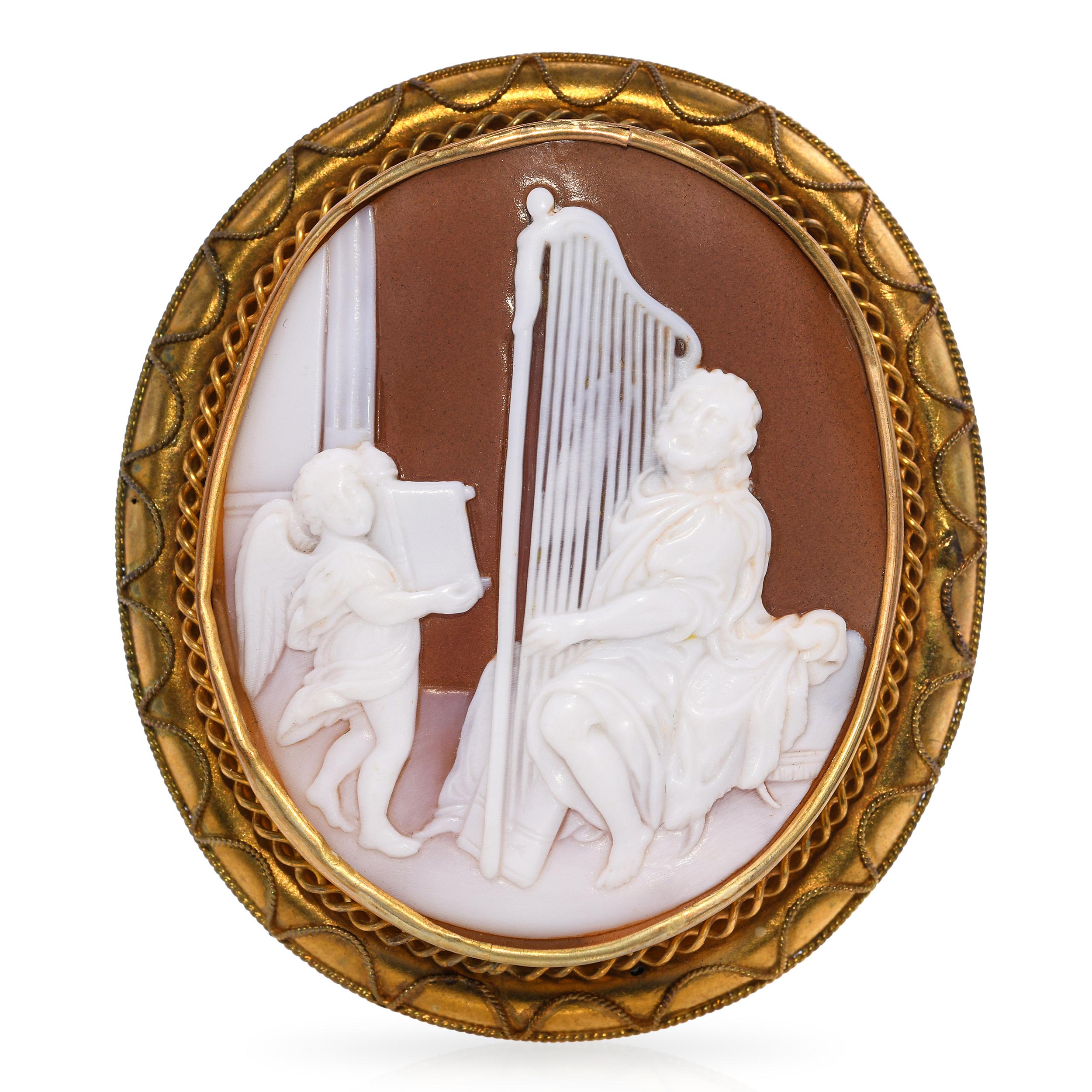 Antique 19k Yellow Gold Saul Playing Harp With Cupid Shell Cameo Brooch
