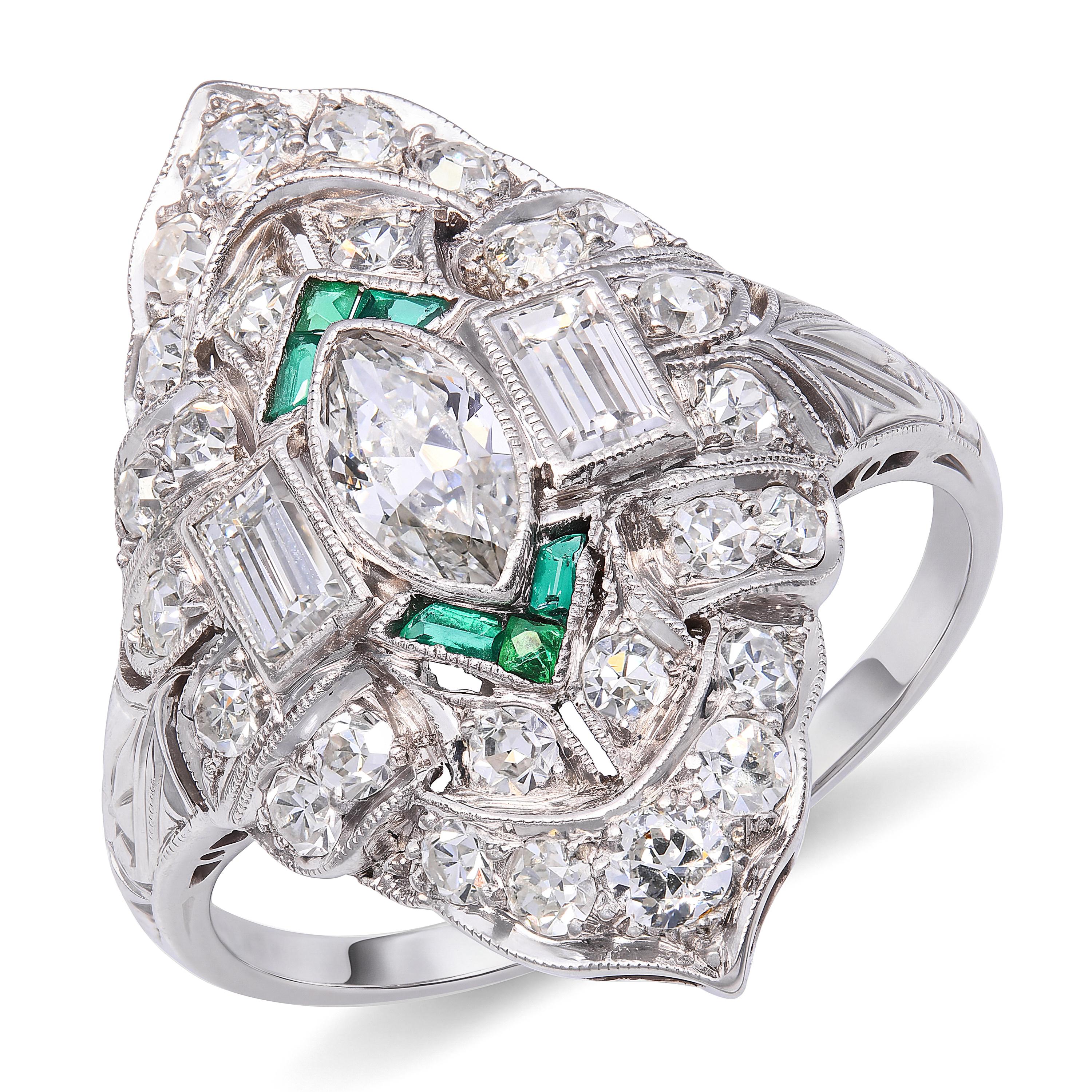 Art Deco Platinum Diamond and Emerald Accent Milgrain Ring