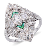 Art Deco Platinum Diamond and Emerald Accent Milgrain Ring