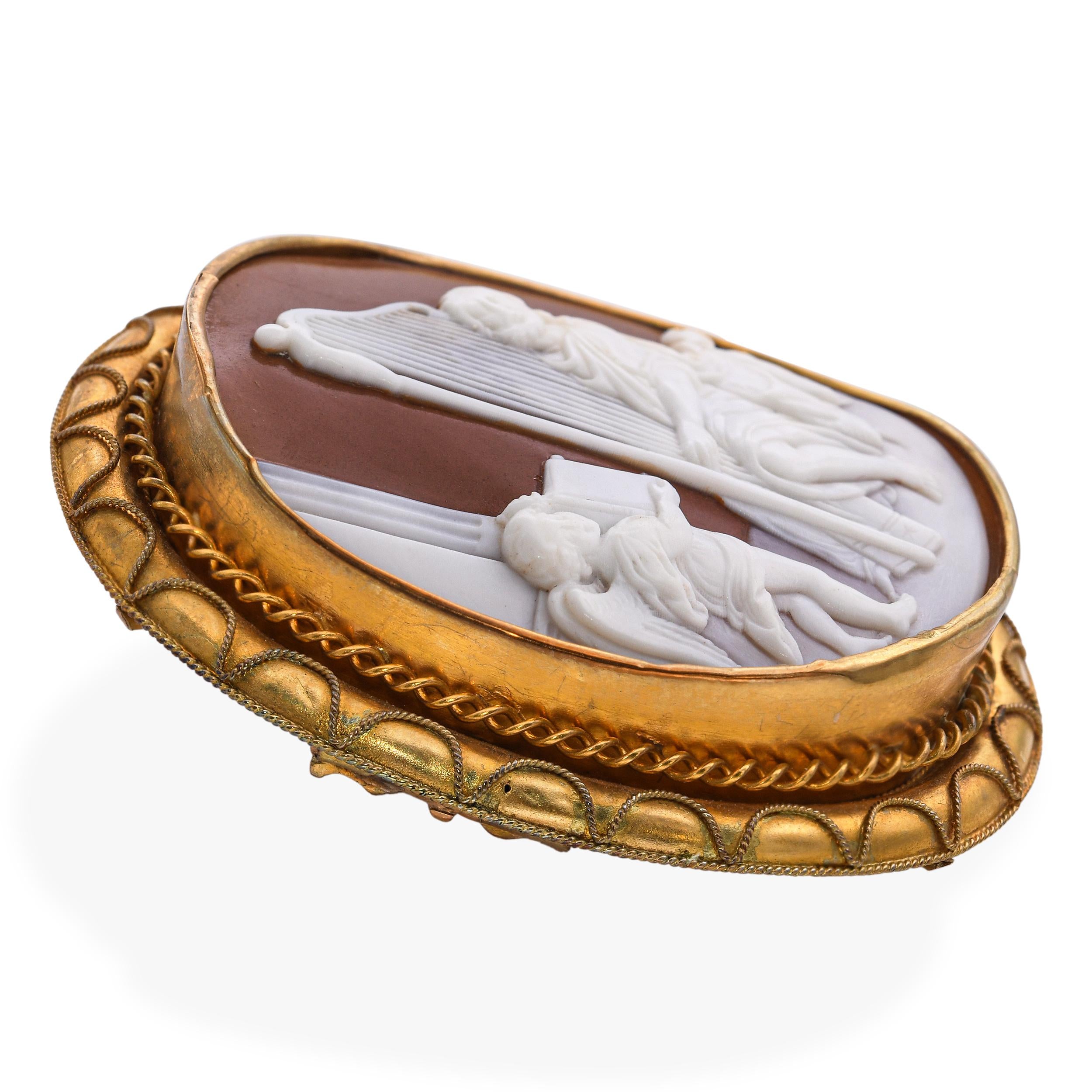 Antique 19k Yellow Gold Saul Playing Harp With Cupid Shell Cameo Brooch
