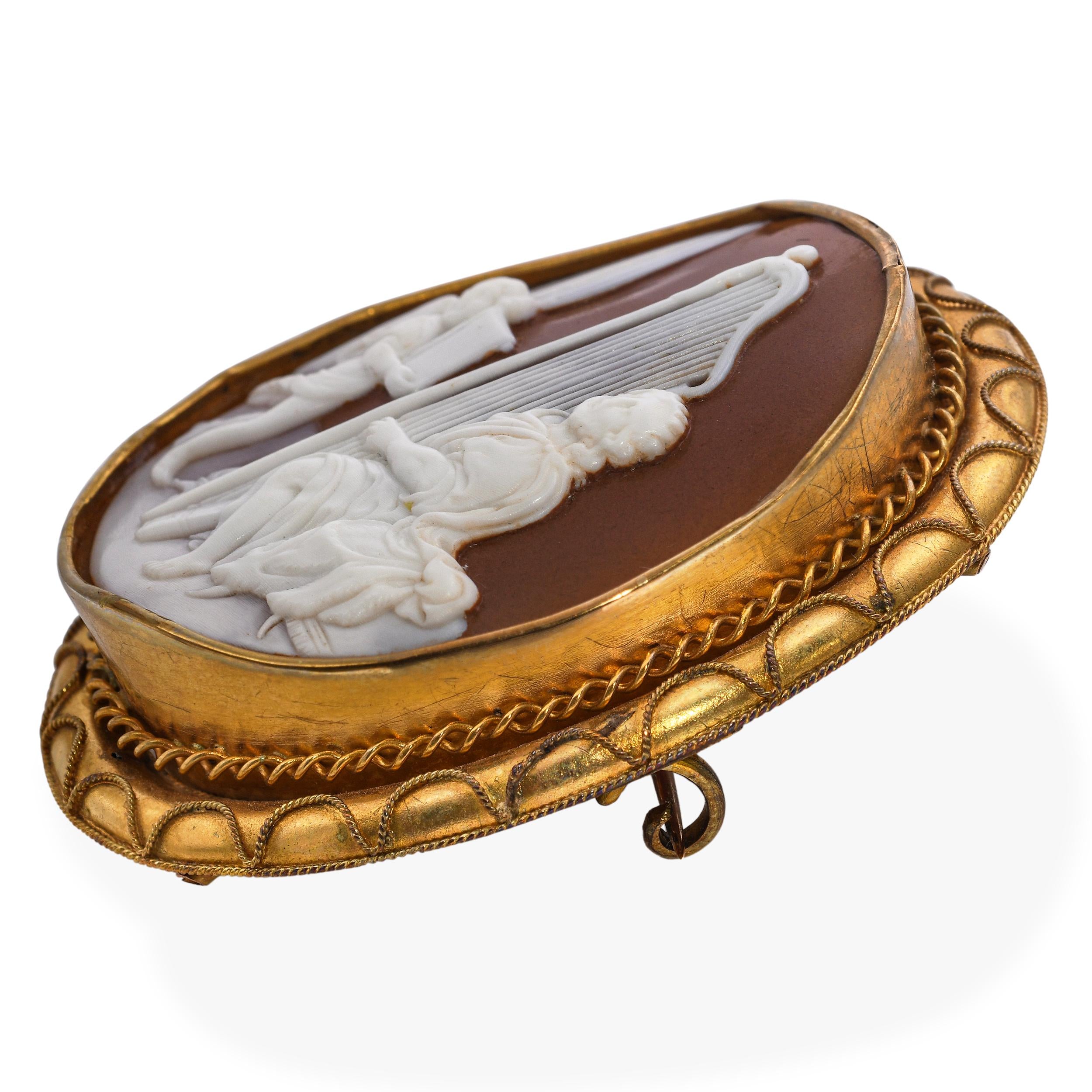Antique 19k Yellow Gold Saul Playing Harp With Cupid Shell Cameo Brooch