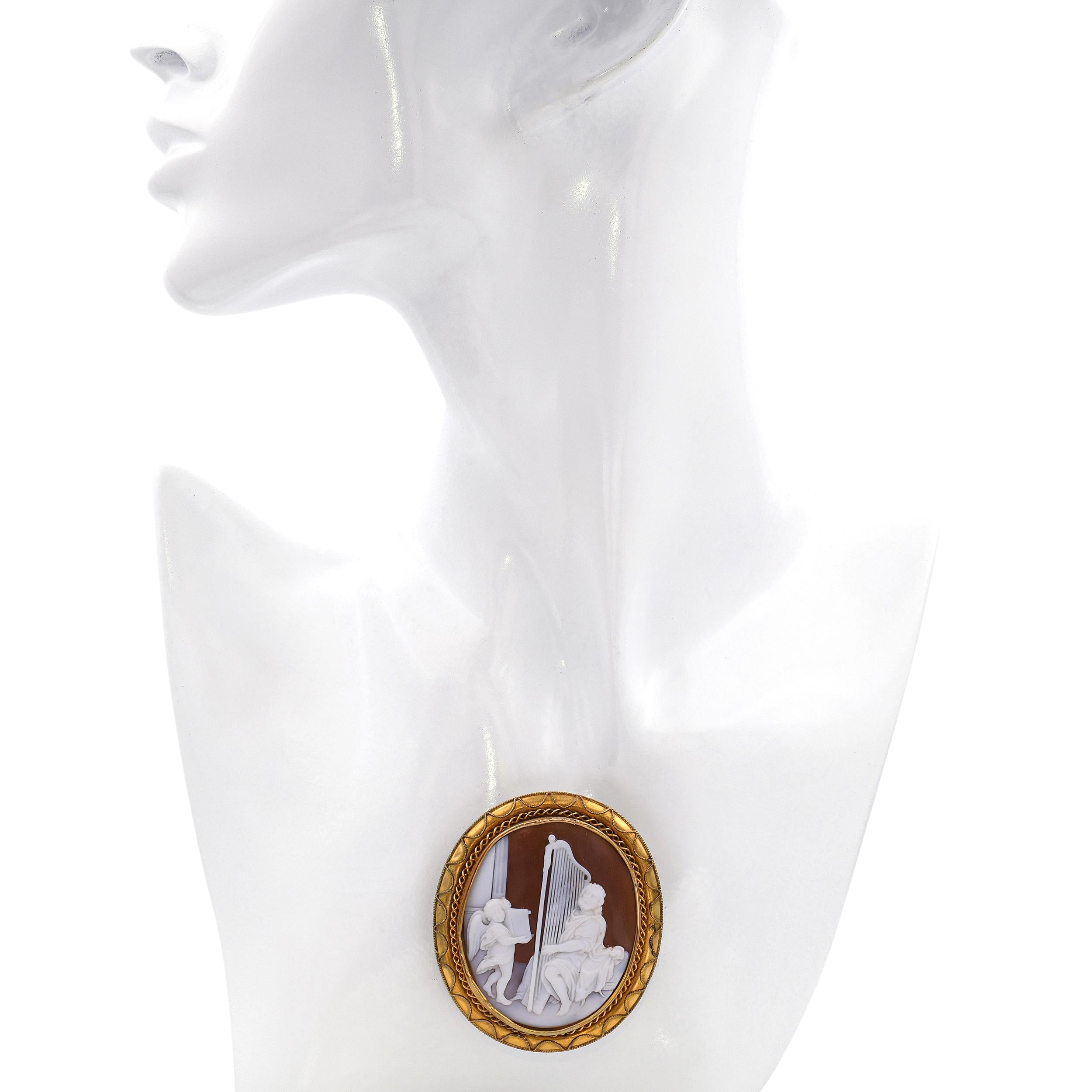 Antique 19k Yellow Gold Saul Playing Harp With Cupid Shell Cameo Brooch