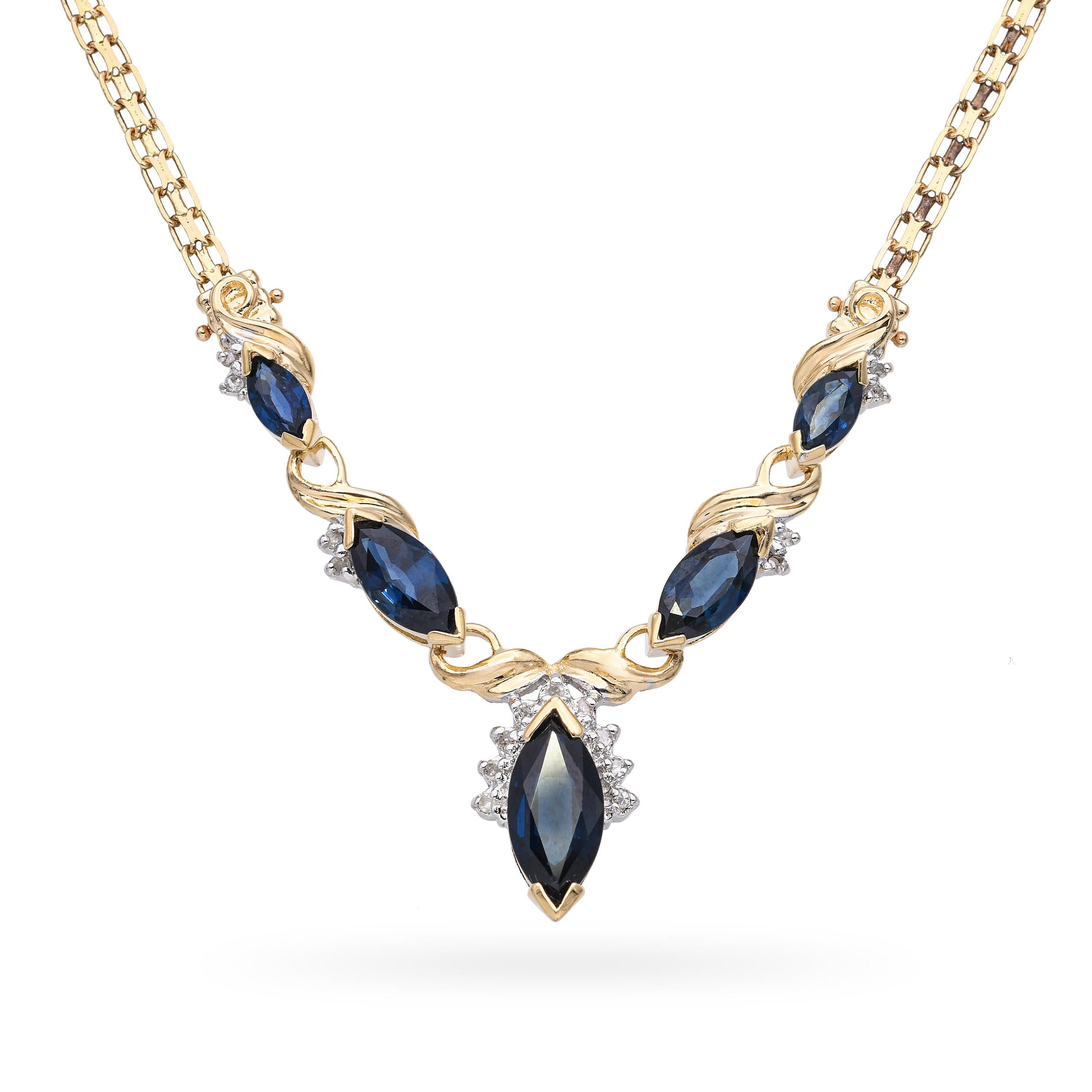Vintage 14k Yellow Gold Diamond and Lab Grown Sapphire Station Necklace