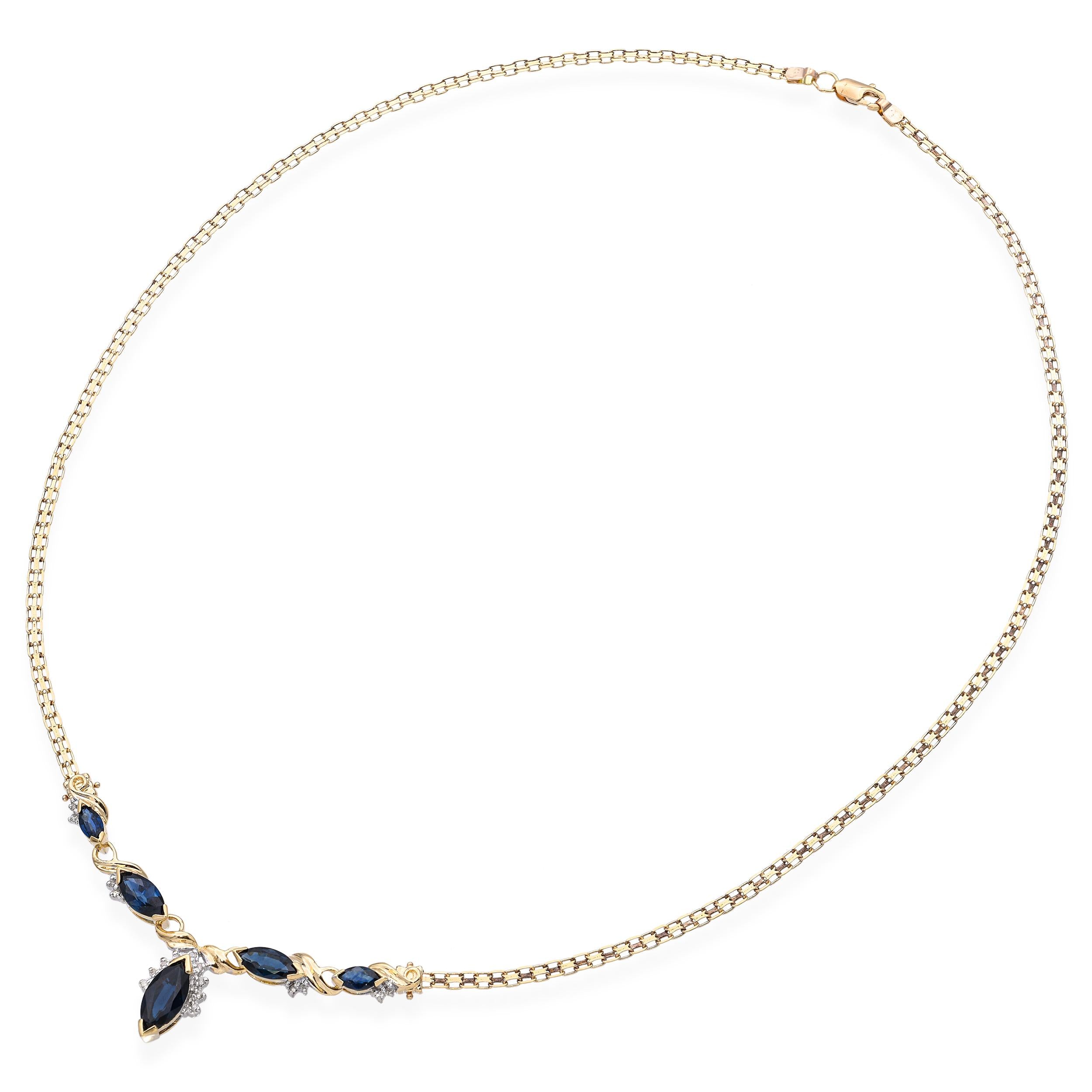 Vintage 14k Yellow Gold Diamond and Lab Grown Sapphire Station Necklace