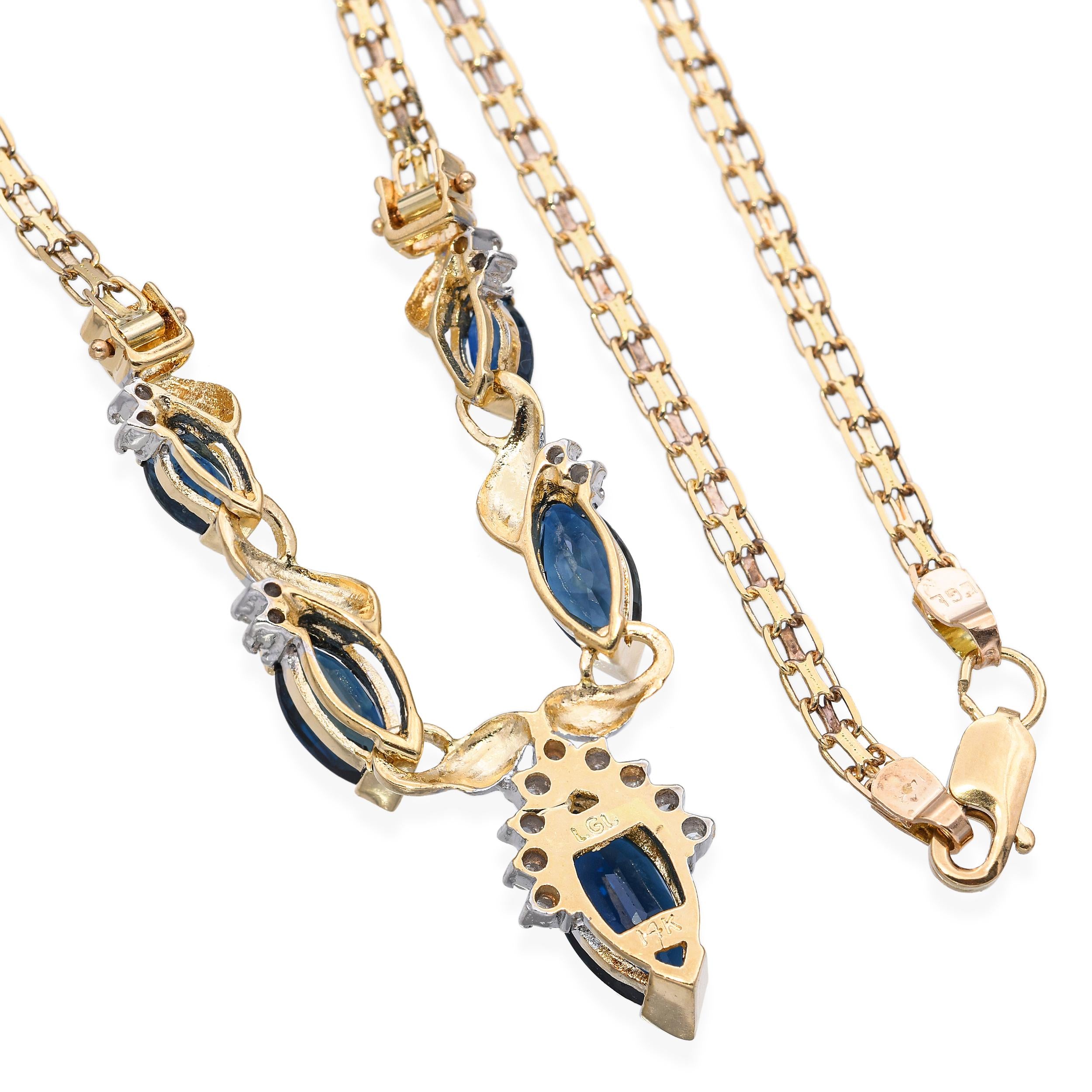 Vintage 14k Yellow Gold Diamond and Lab Grown Sapphire Station Necklace