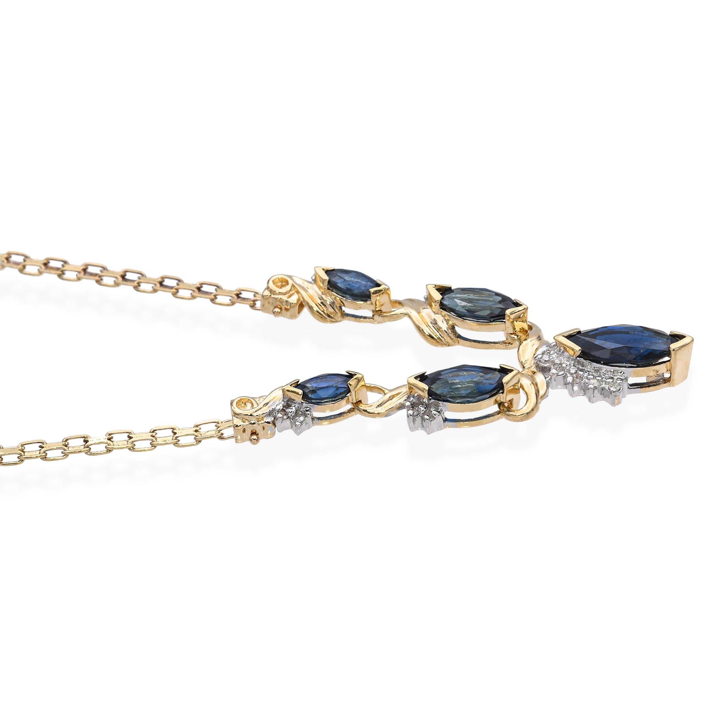 Vintage 14k Yellow Gold Diamond and Lab Grown Sapphire Station Necklace