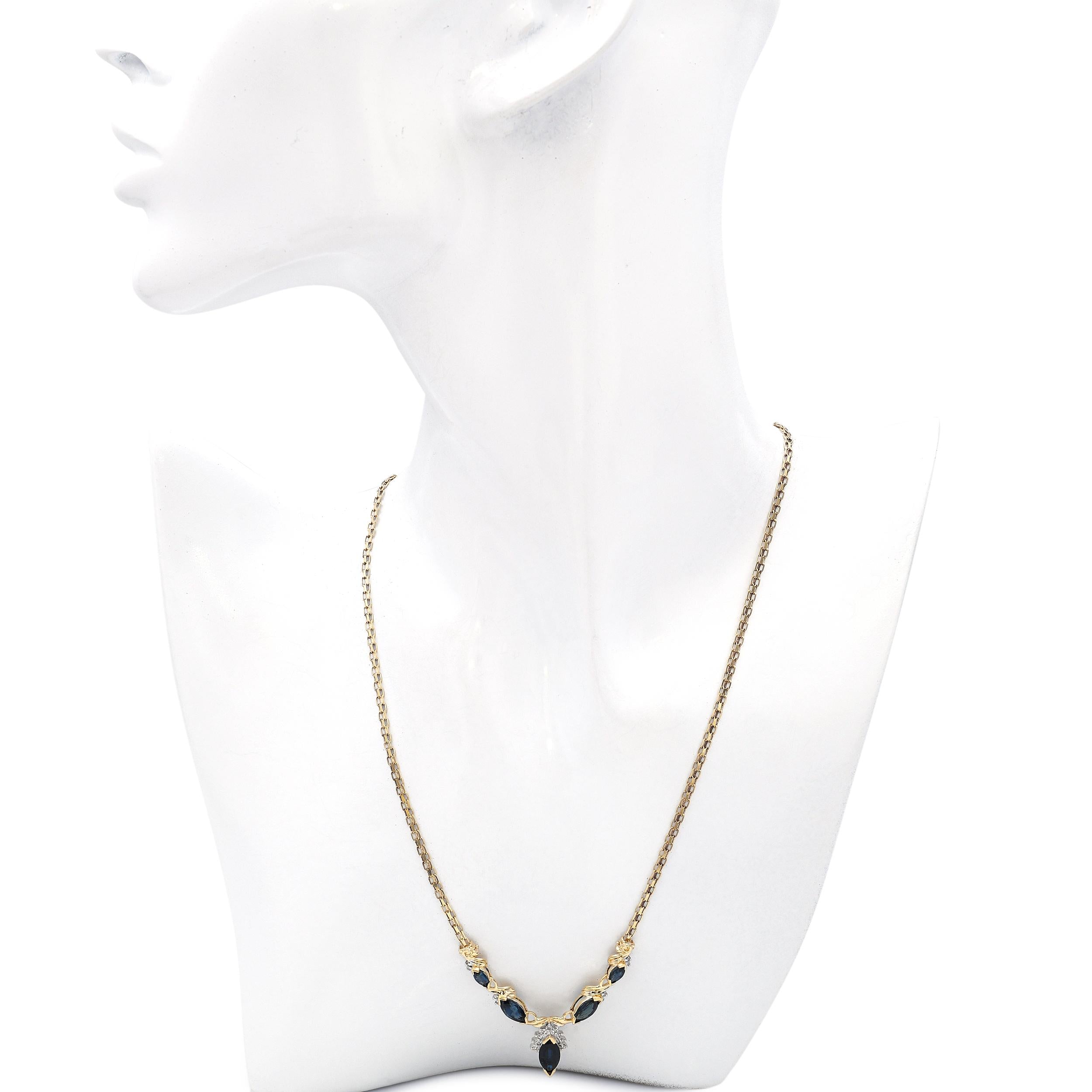 Vintage 14k Yellow Gold Diamond and Lab Grown Sapphire Station Necklace