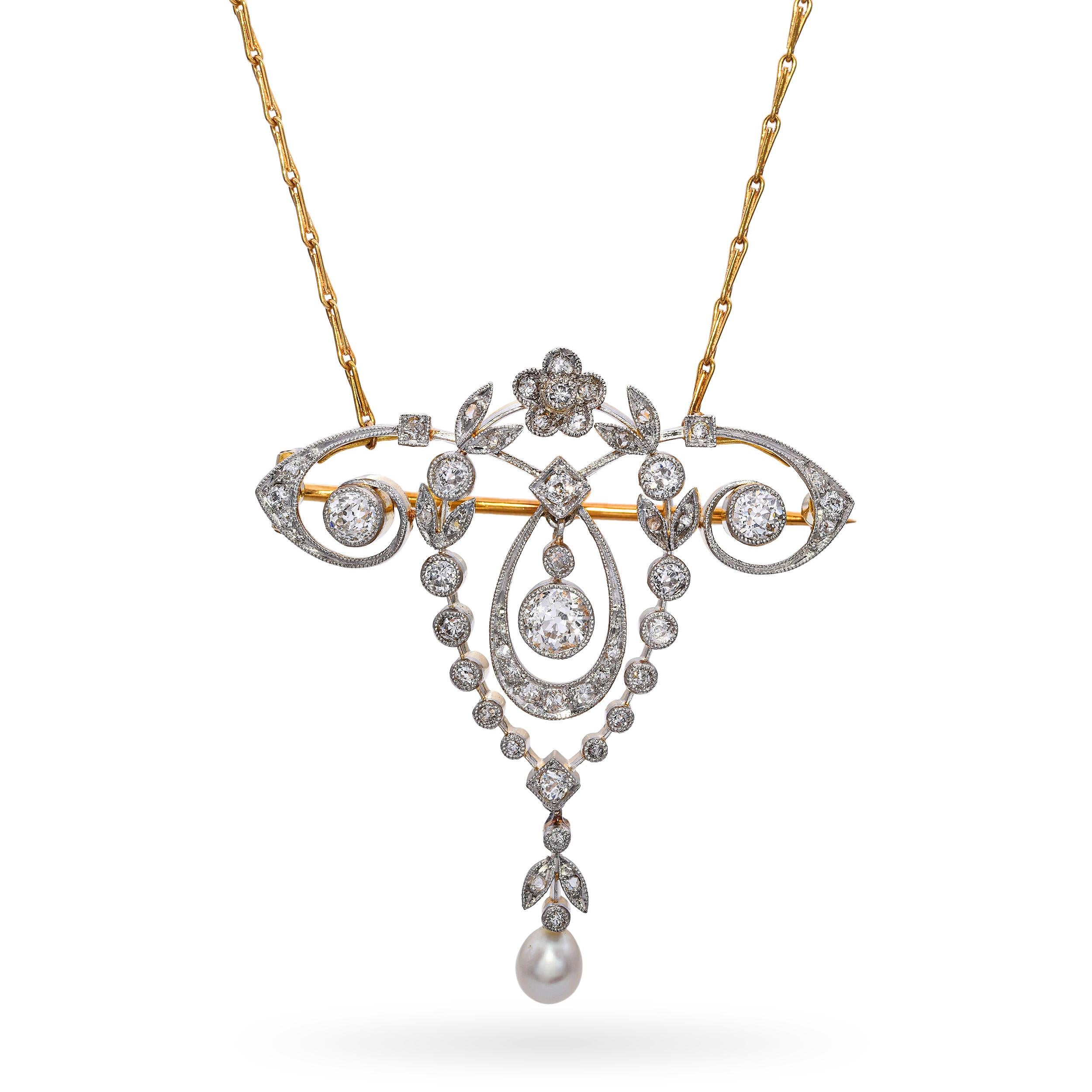 Antique Edwardian 18k Yellow Gold and Platinum 1.00tcw Diamond & Pearl Necklace