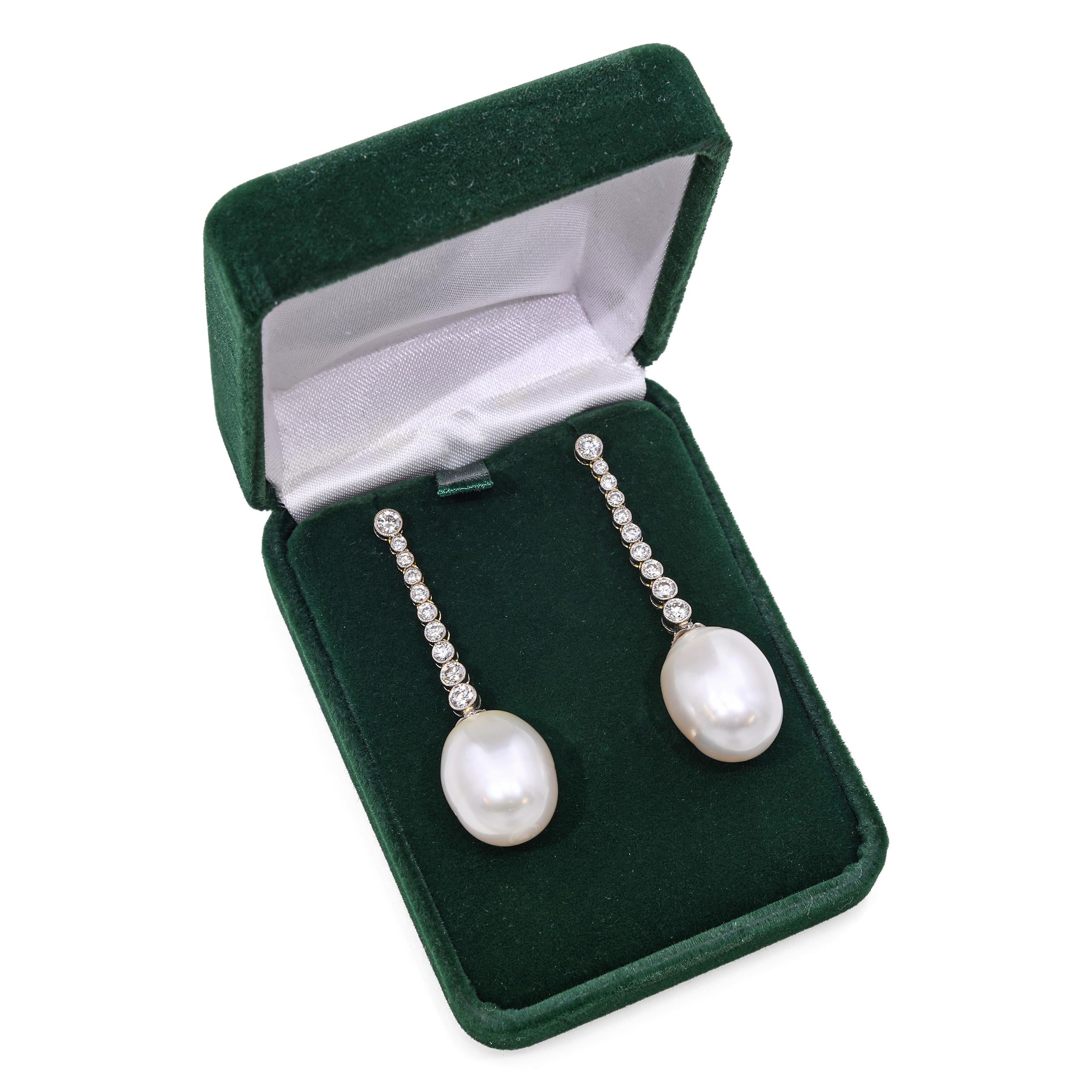 Vintage 18k Two Tone Gold Diamond and Pearl Drop Earrings