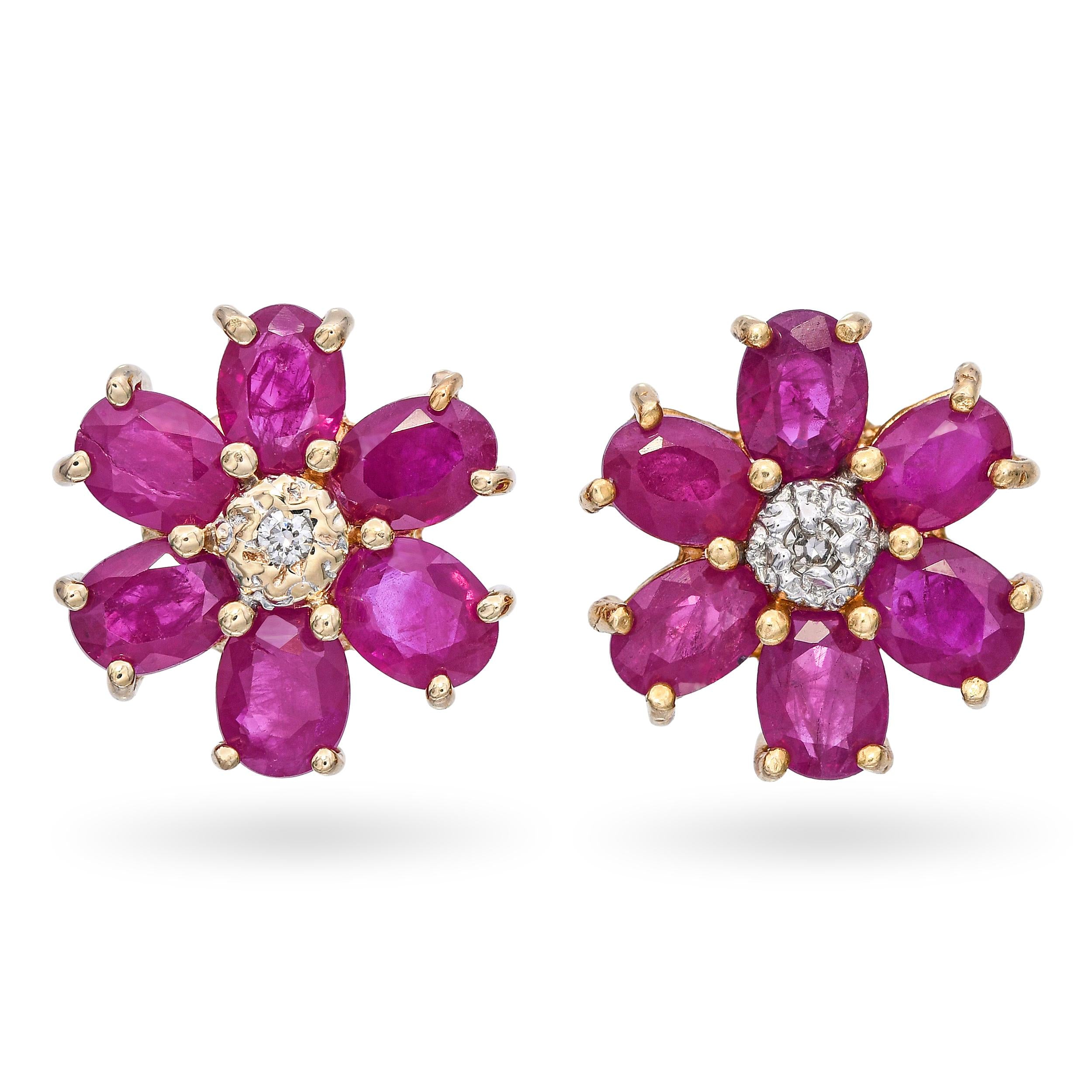 14k Yellow Gold 1.2tcw Ruby and Diamond Flower Motif Stud Earrings