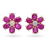 14k Yellow Gold 1.2tcw Ruby and Diamond Flower Motif Stud Earrings