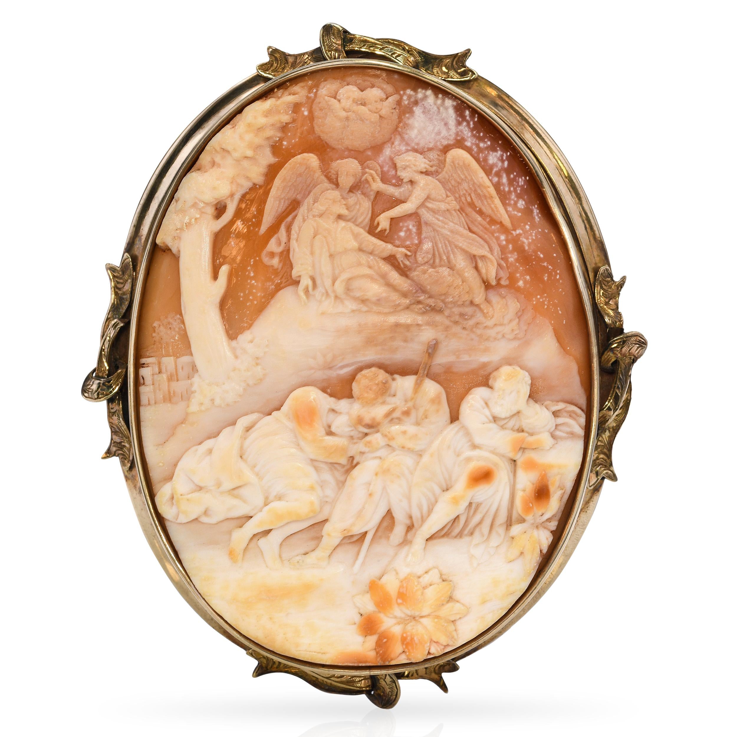 Antique 9k Yellow Gold Jesus Passion, Apostles Sleeping Shell Cameo Brooch