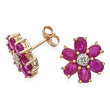 14k Yellow Gold 1.2tcw Ruby and Diamond Flower Motif Stud Earrings