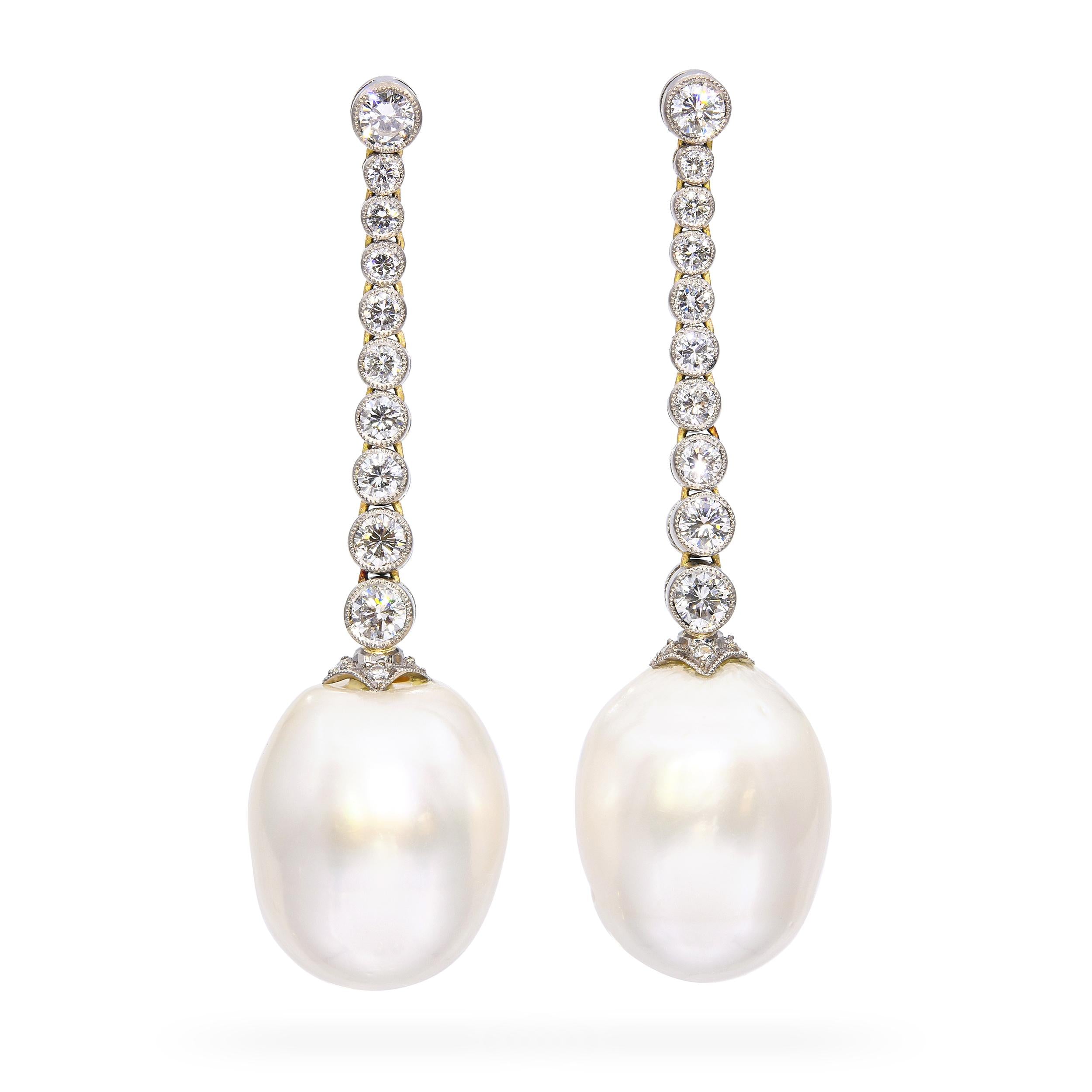 Vintage 18k Two Tone Gold Diamond and Pearl Drop Earrings