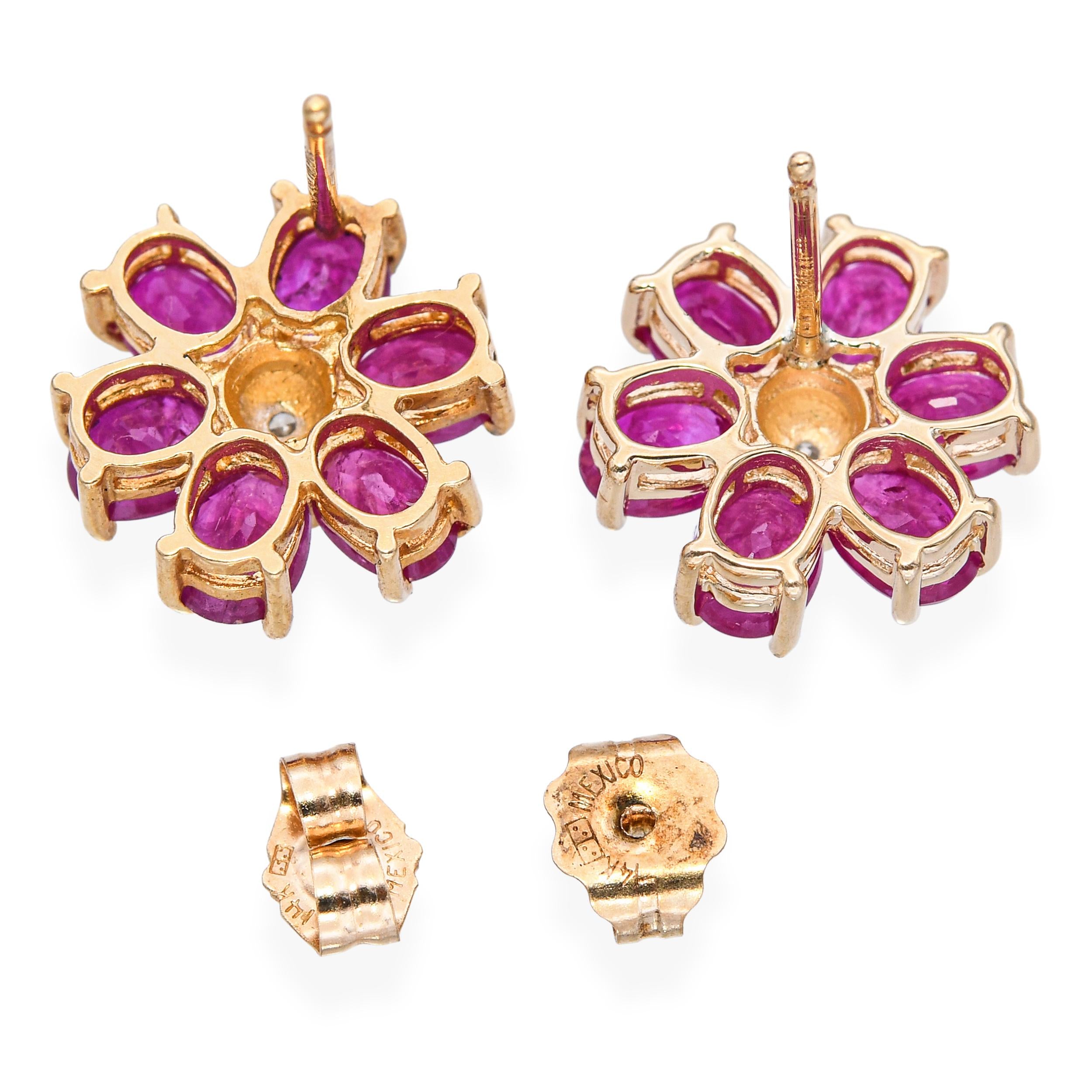 14k Yellow Gold 1.2tcw Ruby and Diamond Flower Motif Stud Earrings