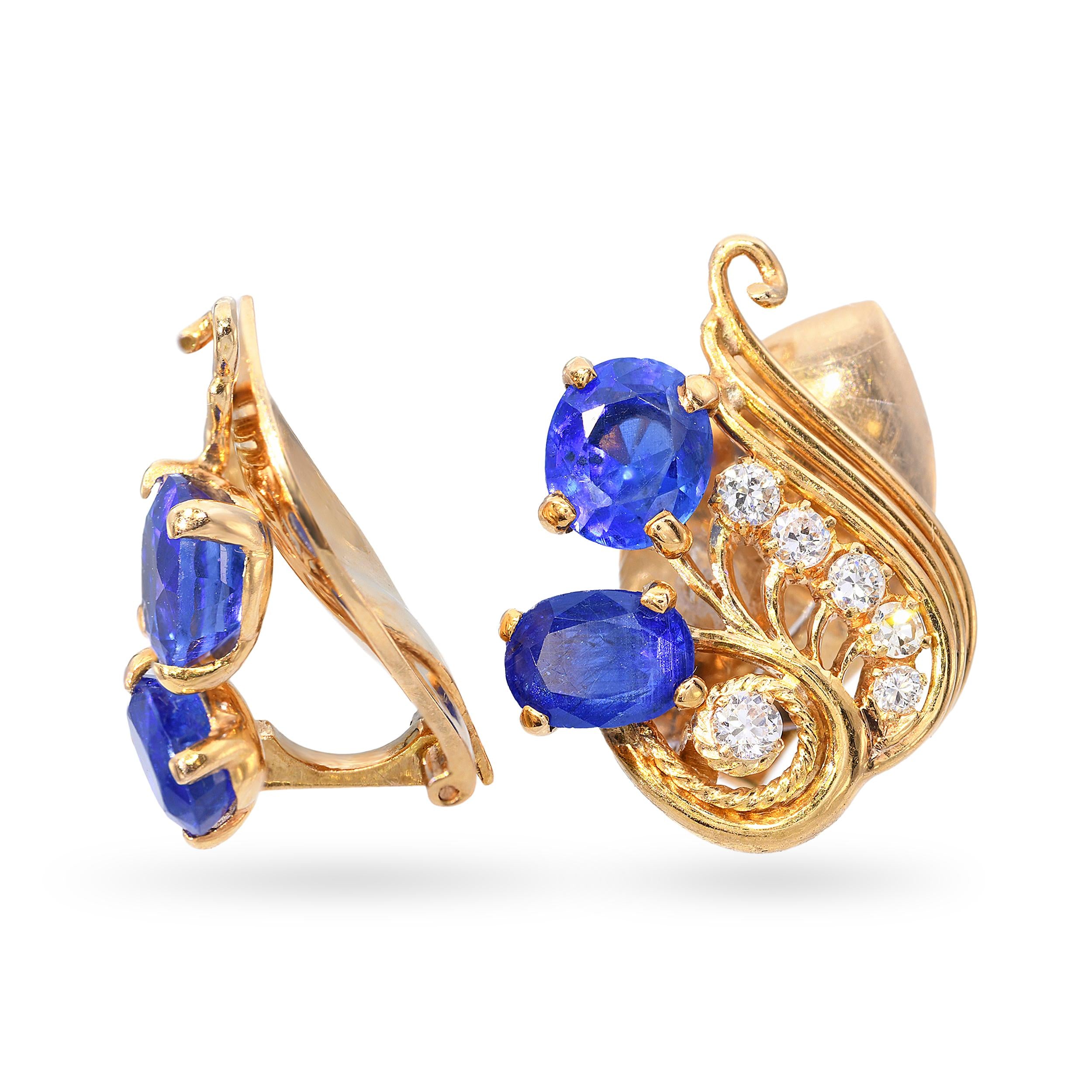 18K Yellow Gold 4.38tcw No Heat Sapphire and Diamond Clip Earrings