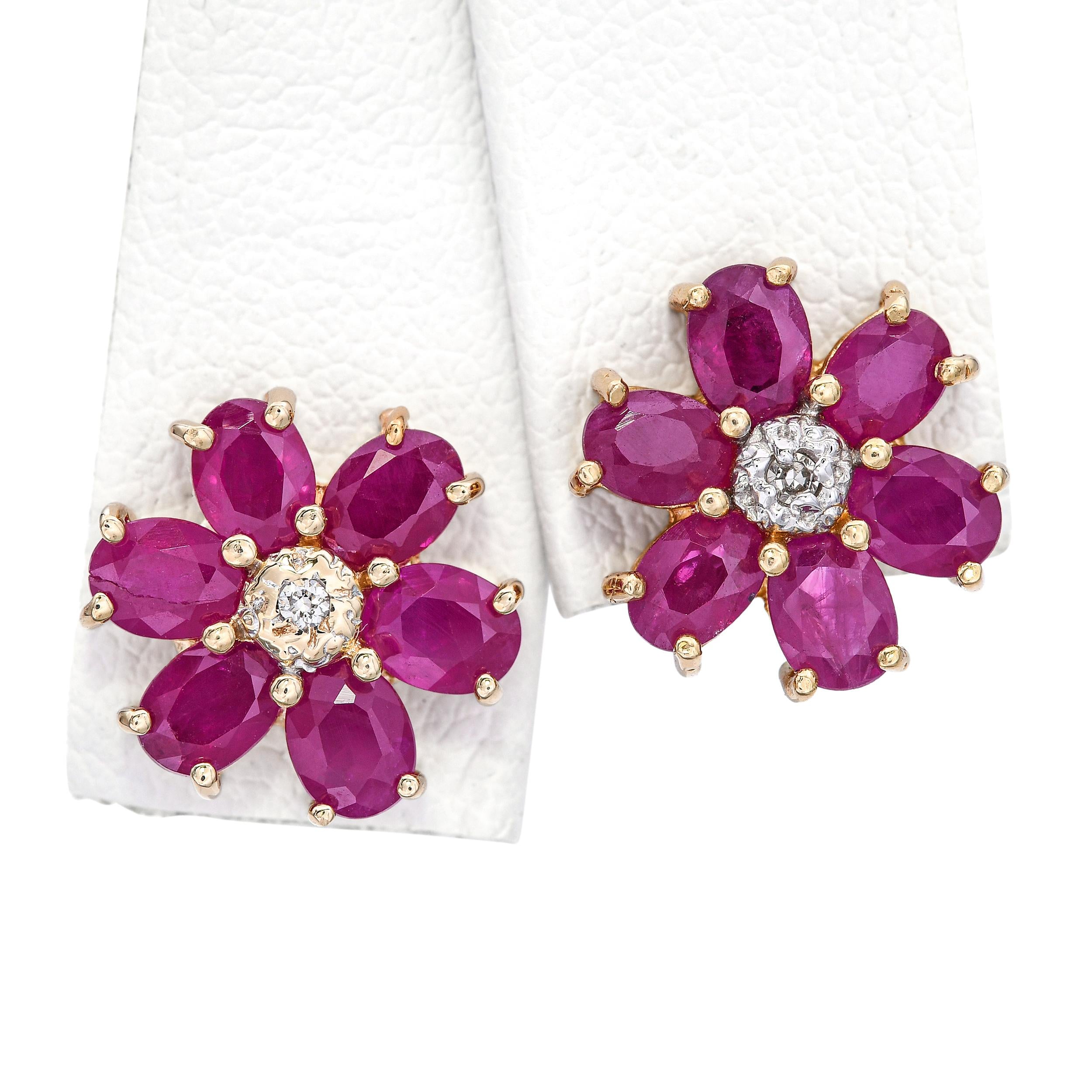 14k Yellow Gold 1.2tcw Ruby and Diamond Flower Motif Stud Earrings